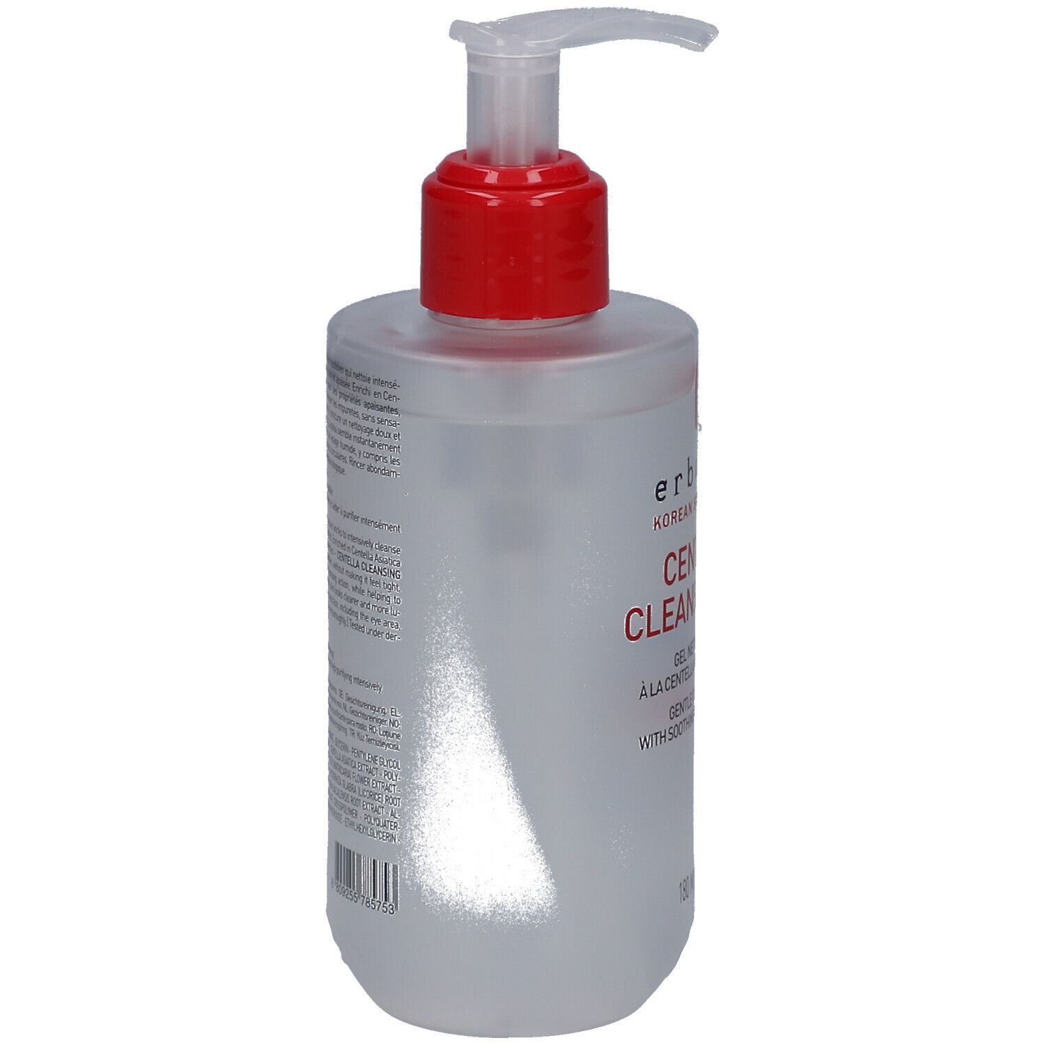 Transparante fles met pompdos, rode dop en wit etiket. "erba CERA CLEANSER" is zichtbaar.