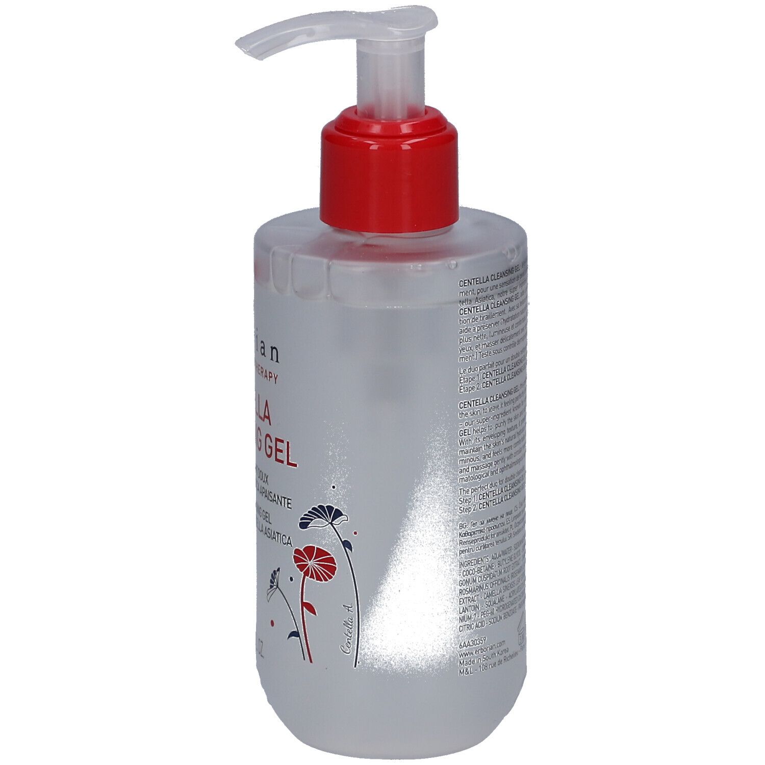 Transparante gel fles met rode pompdispenser en bloemenpatroon.