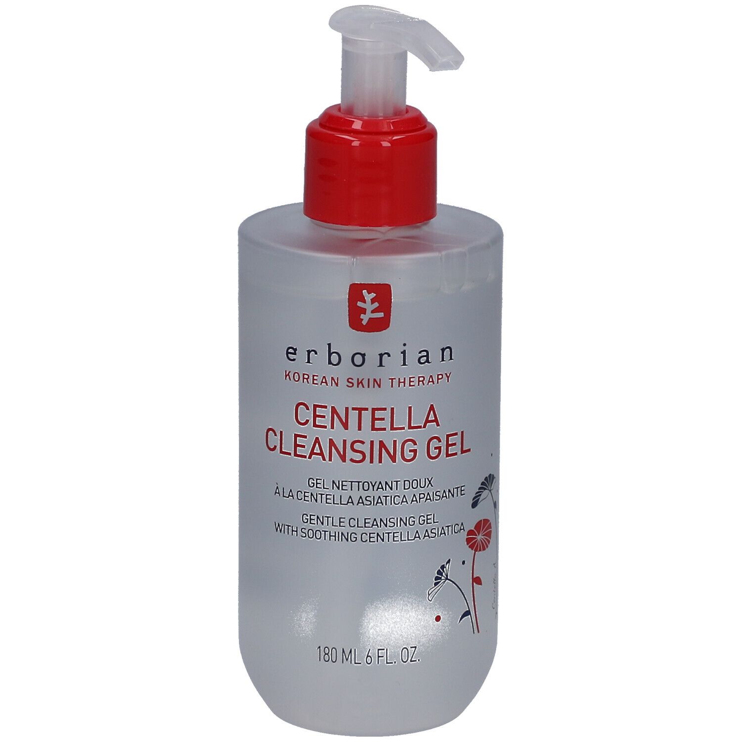 Erborian Centella Cleansing Gel in transparante fles met rode pompdos. 180 ml.