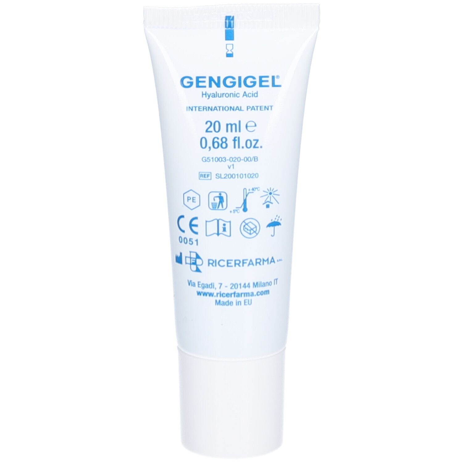 Witte tube met blauwe tekst. Opschrift GENGIGEL, Hyaluronzuur, 20 ml, 0,68 fl.oz. Verschillende symbolen.