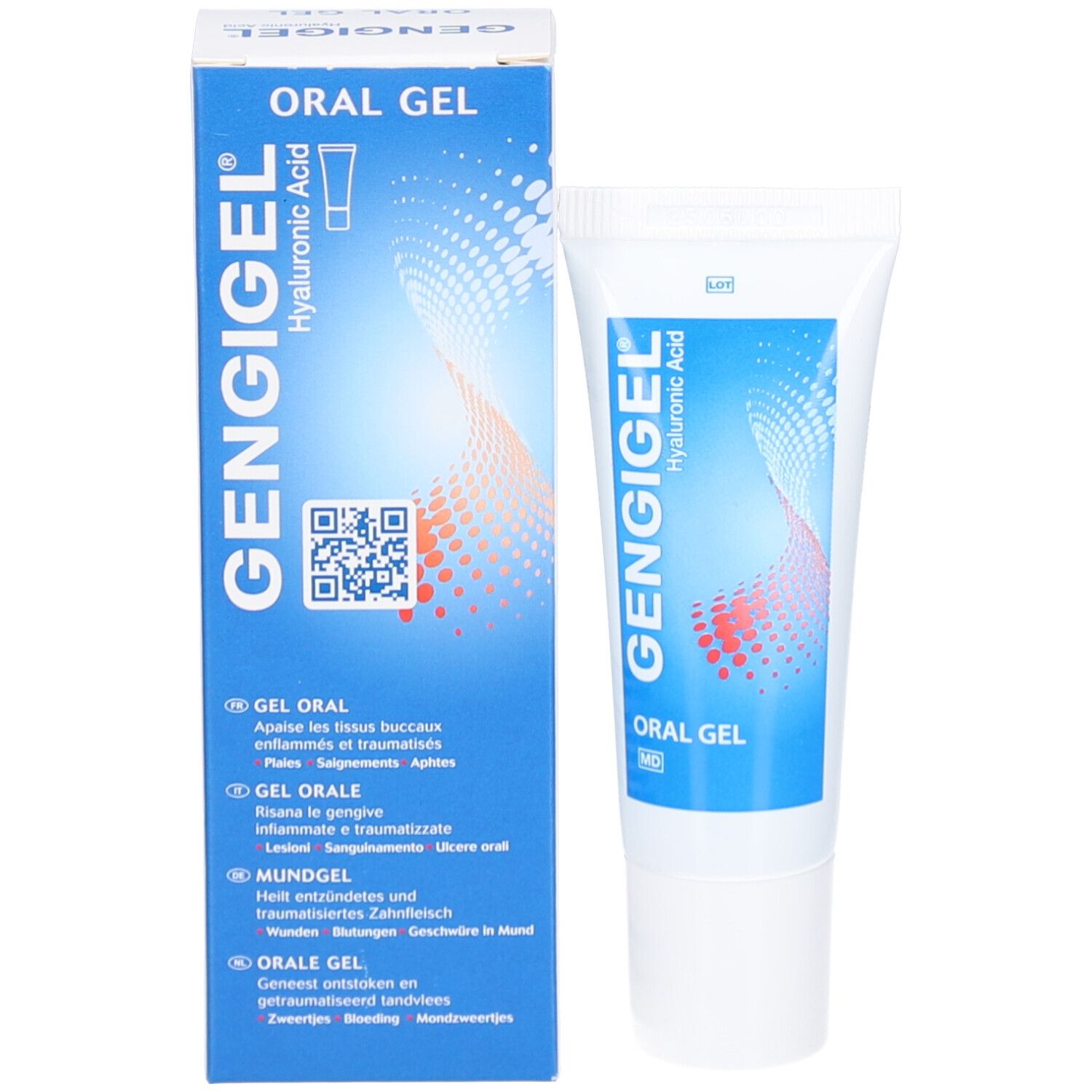 Productverpakking: tube en doos. Opschrift GENGIGEL, Oral Gel. Blauwe doos met QR-code en tekst.