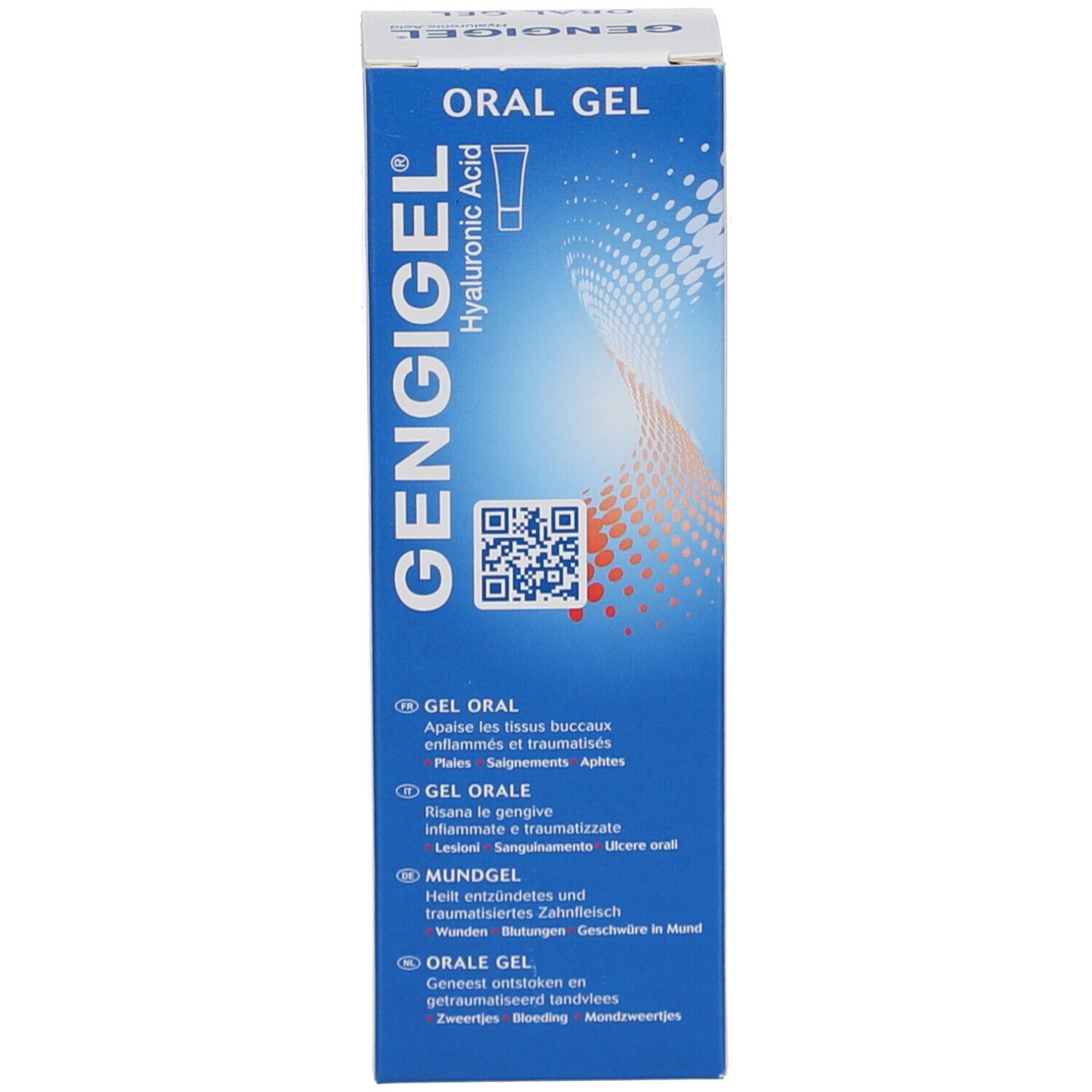 Blauwe productverpakking. Opschrift GENGIGEL, Oral Gel. QR-code en tekst in meerdere talen.