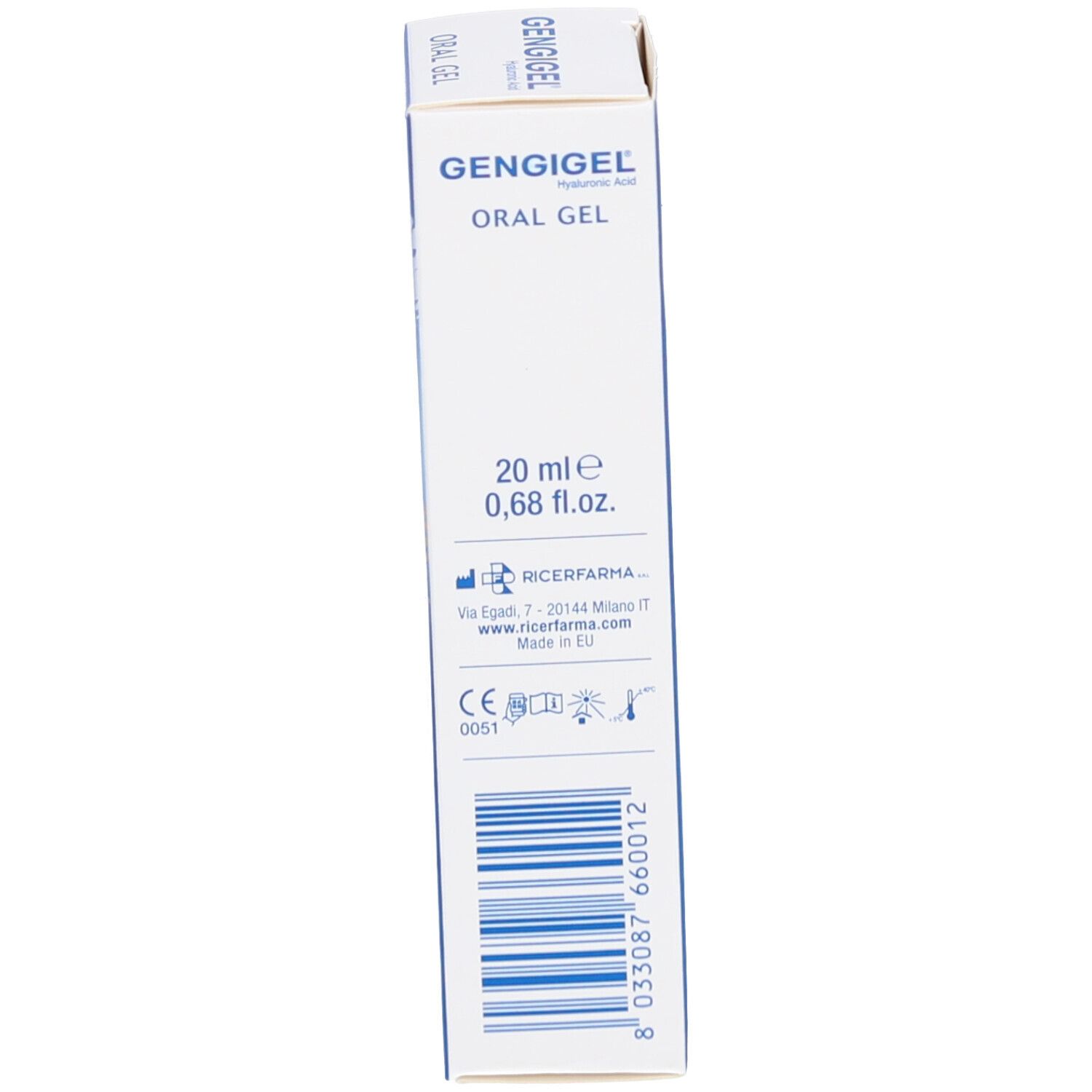 Blauwe productverpakking. Opschrift GENGIGEL, Oral Gel. Tekst met informatie en barcode.