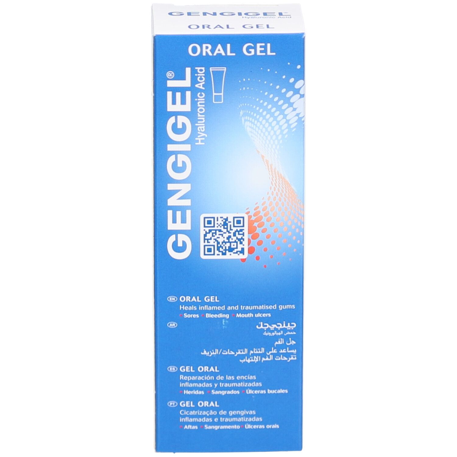 Blauwe productverpakking. Opschrift GENGIGEL, Oral Gel, Hyaluronzuur. Meertalige tekst.