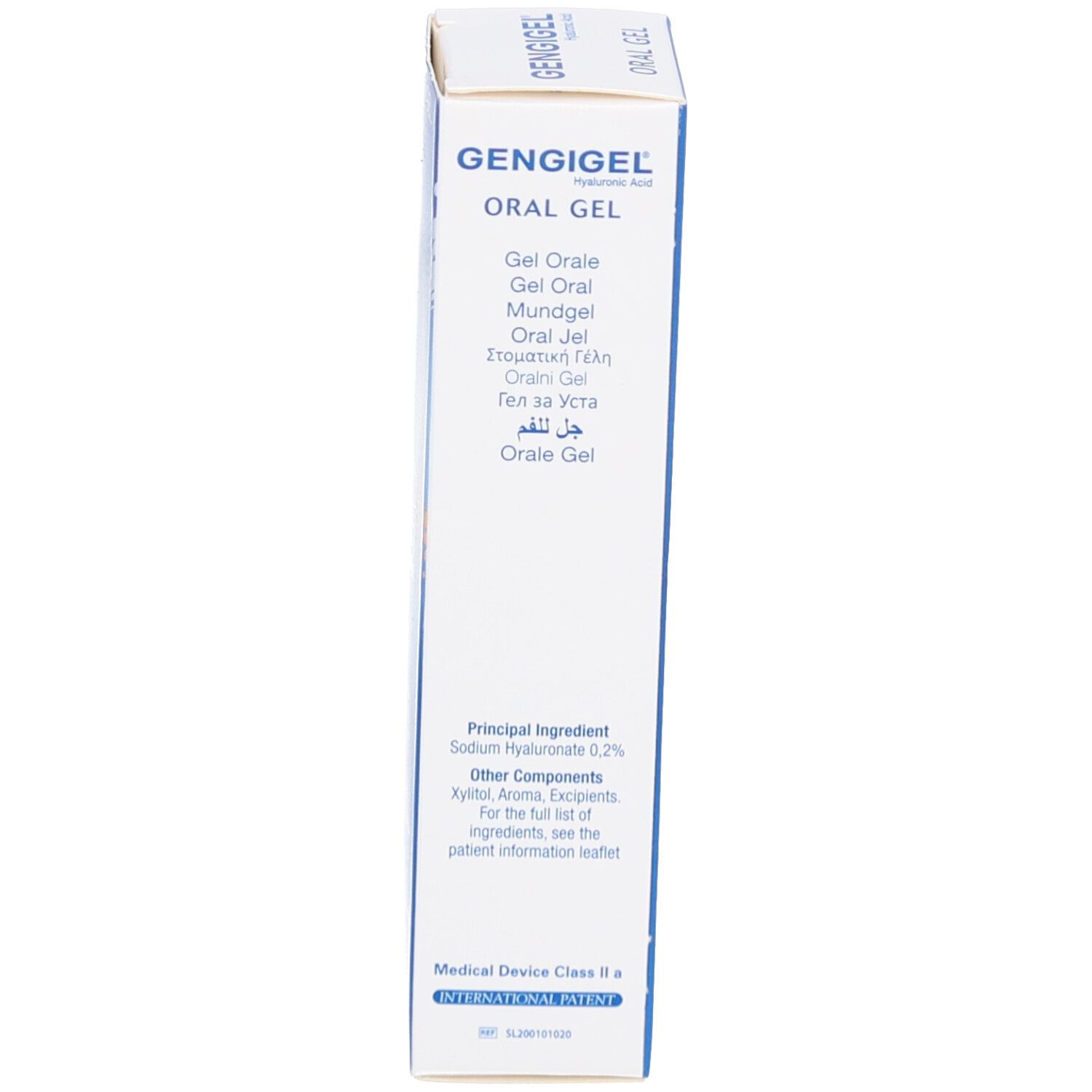 Blauwe productverpakking. Opschrift GENGIGEL, Oral Gel. Tekst met ingrediënten en certificering.