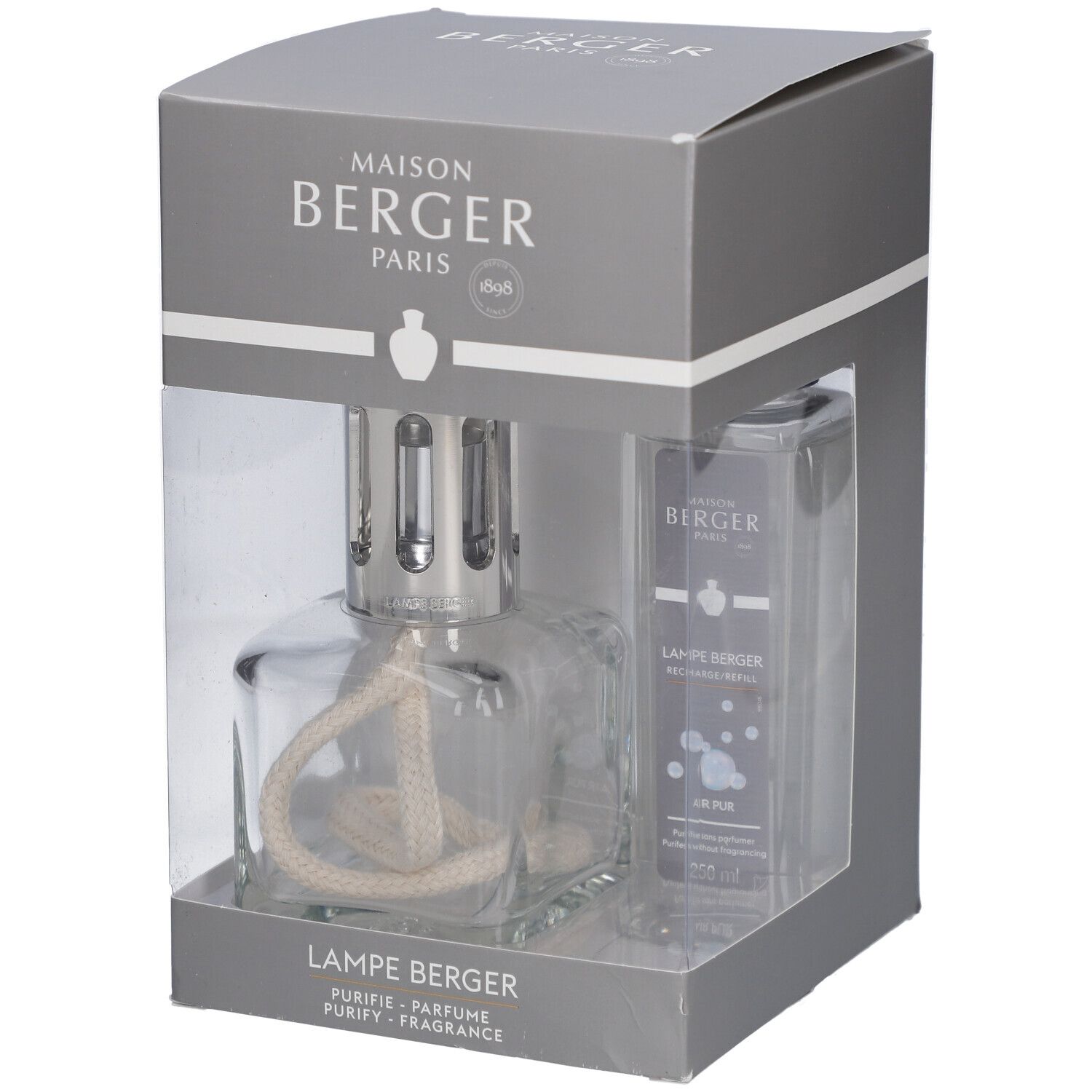 Coffret gris Maison Berger Paris. Contient une lampe en verre et un flacon. Texte: Lampe Berger, Purifier, Parfum.