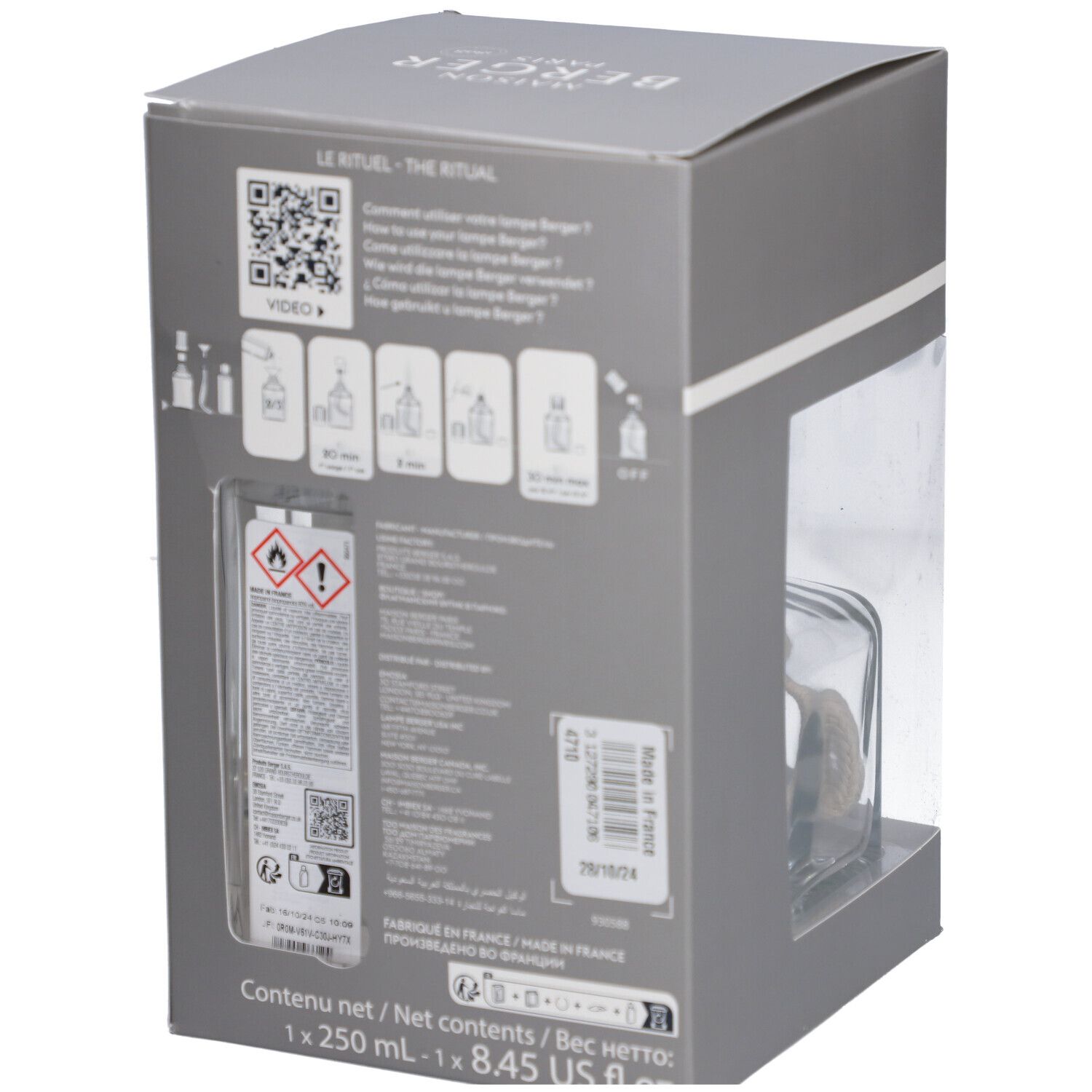 Dos du coffret gris. Contient des informations et des pictogrammes. Texte: Maison Berger, Le Rituel, Contenu net 250 ml.