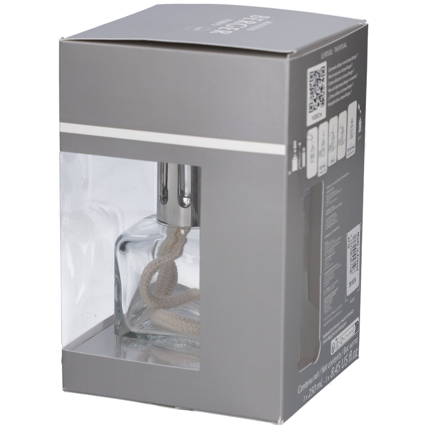 Coffret gris Maison Berger Paris. Contient une lampe en verre. Texte: Maison Berger, Lampe Berger, Purifier, Parfum.