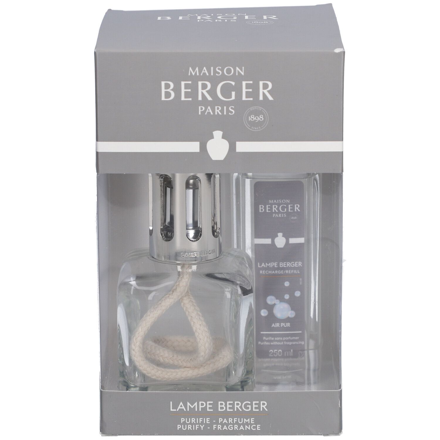 Coffret gris Maison Berger Paris. Contient une lampe en verre et un flacon. Texte: Maison Berger, Lampe Berger, Air Pur.
