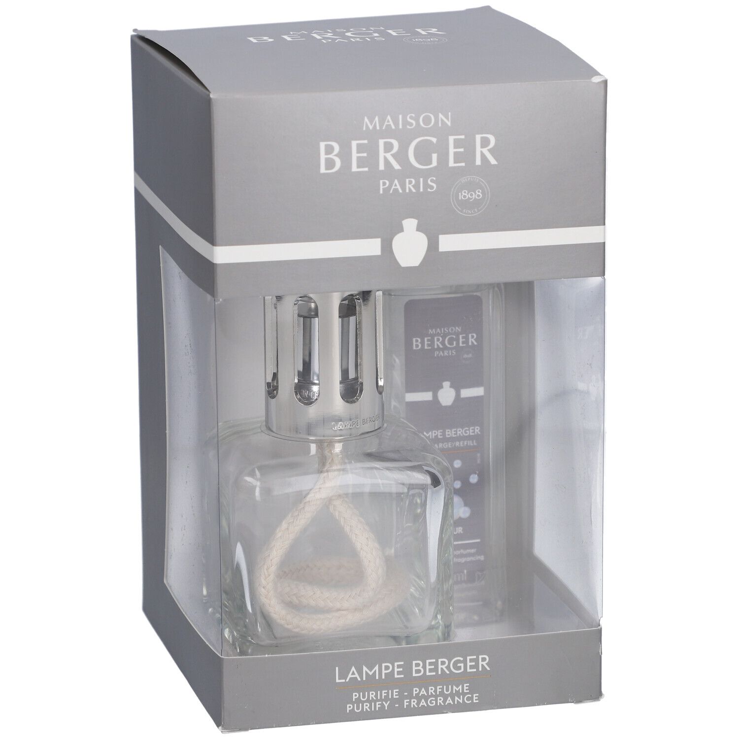 Coffret gris Maison Berger Paris. Contient une lampe en verre et un flacon. Texte: Maison Berger, Lampe Berger.
