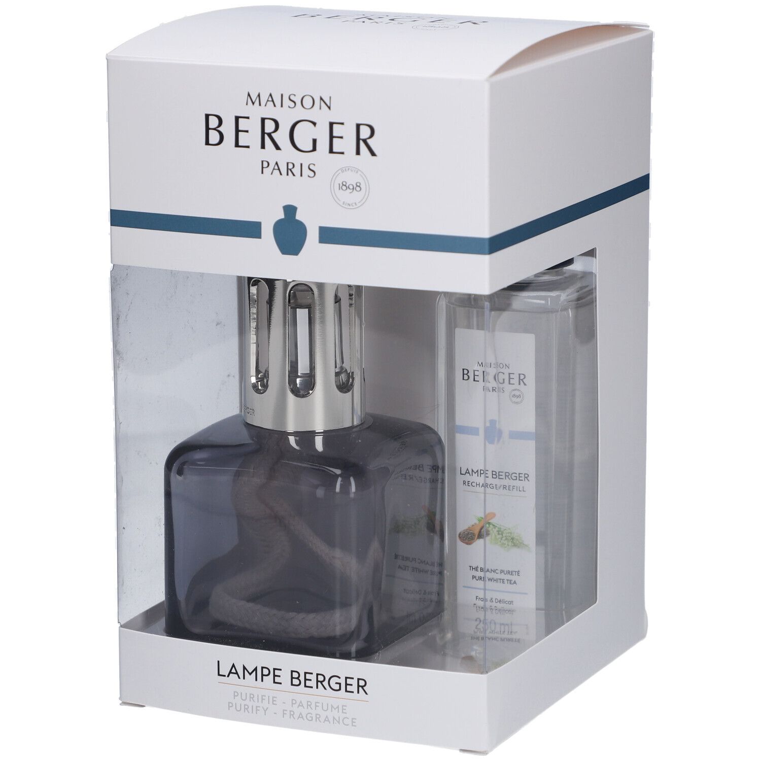 Ensemble lampe à parfum et recharge dans emballage. Lampe grise, carrée, avec mèche. Flacon transparent.