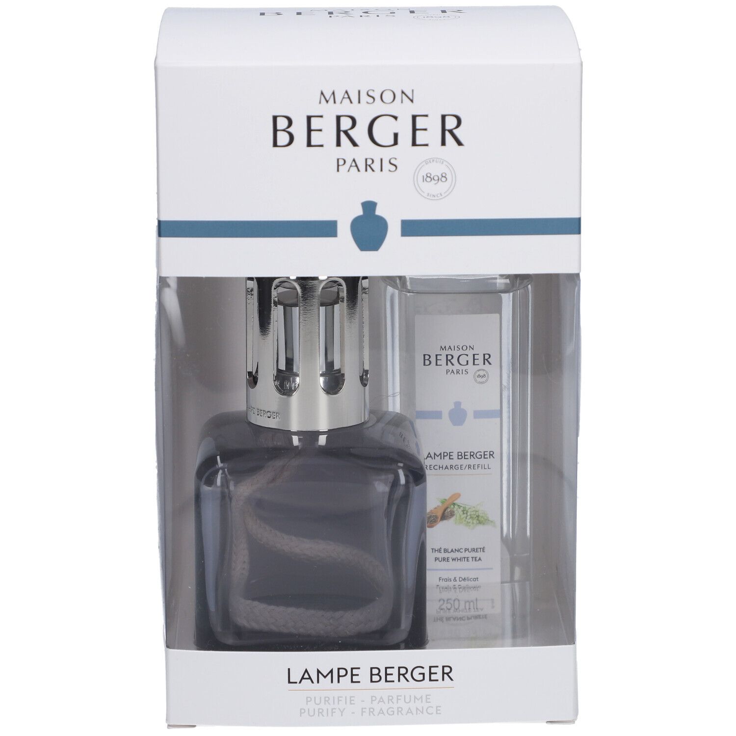 Ensemble lampe à parfum et recharge dans emballage. Lampe grise, carrée, avec mèche. Flacon avec texte.