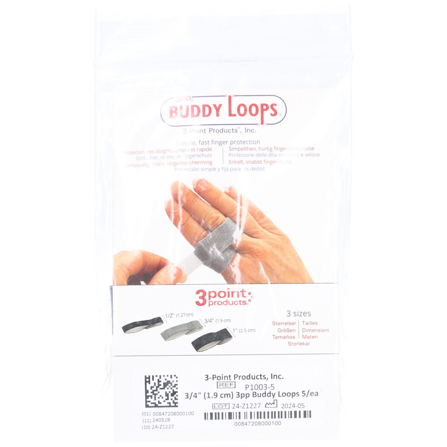Verpakking met vingerverbanden. Grijze bandage op vinger. Tekst: Buddy Loops, 3point products, 3/4" (1.9 cm).