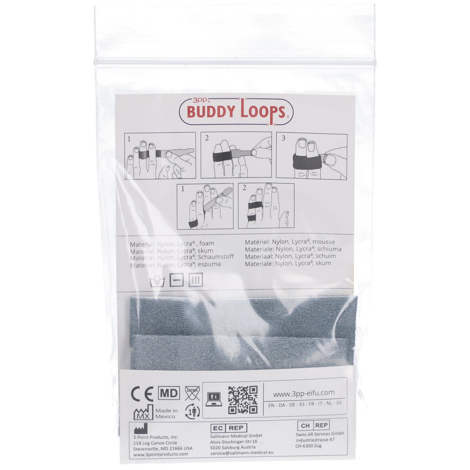 Achterkant van de verpakking met vingerverbanden. Grijze bandages. Tekst: Buddy Loops, 3pp-efu.com, CE-markering.