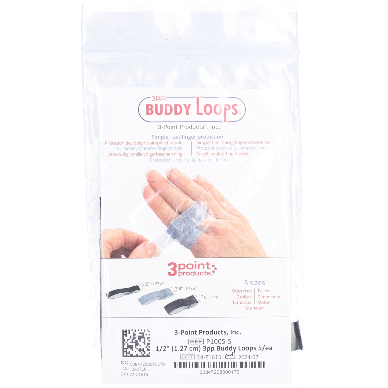 Emballage de bandage pour doigts. 3PP Buddy Loops, 1/2 pouce de large. Main avec bandage. Informations sur le produit et tailles.