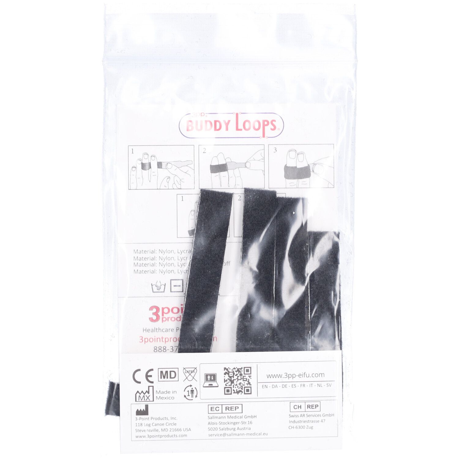 Emballage de bandages noirs pour doigts. 3PP Buddy Loops. Informations produit, instructions et certifications.