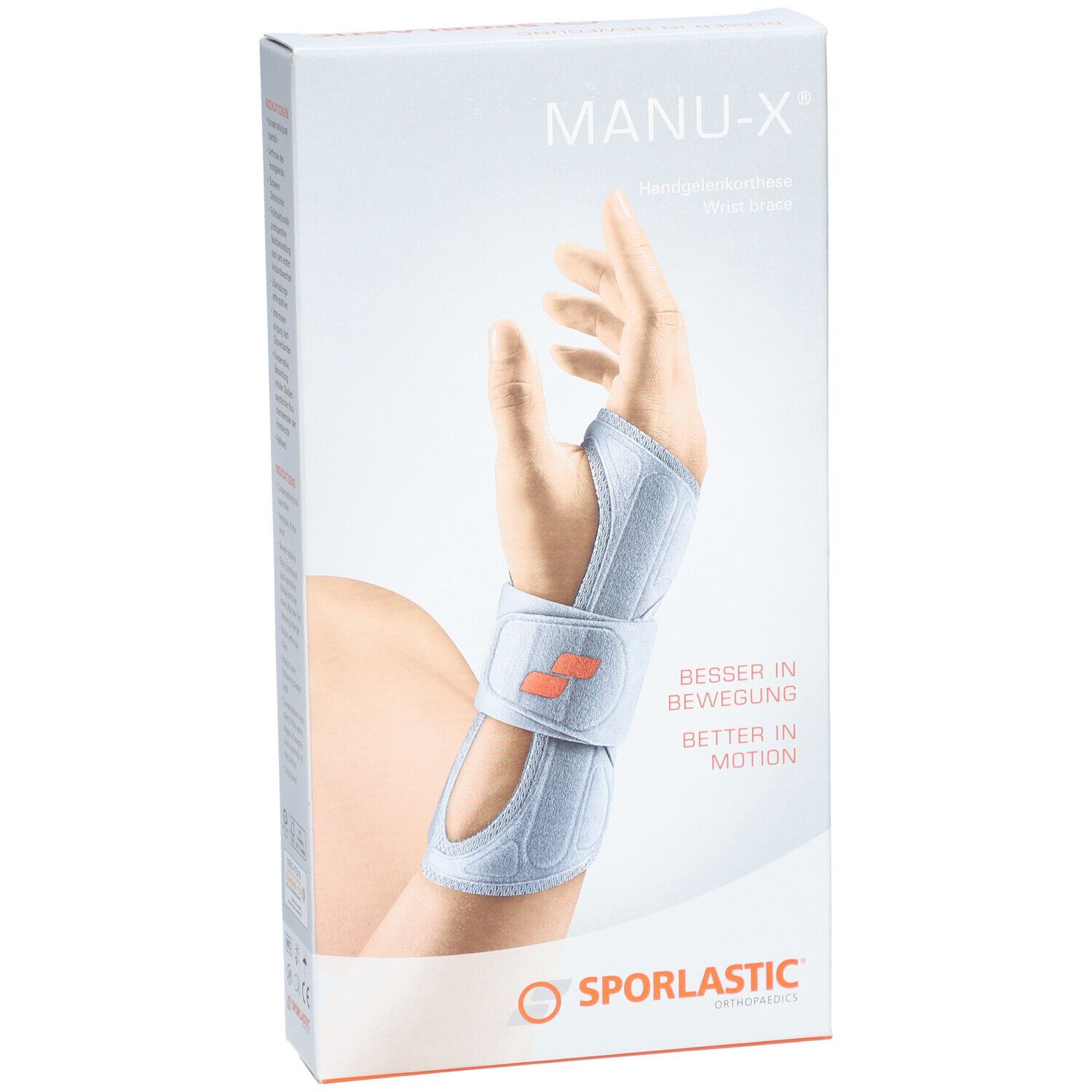 Emballage de l'orthèse de poignet Sporlastic Manu X. Image du produit avec l'orthèse sur le bras. Logo orange.