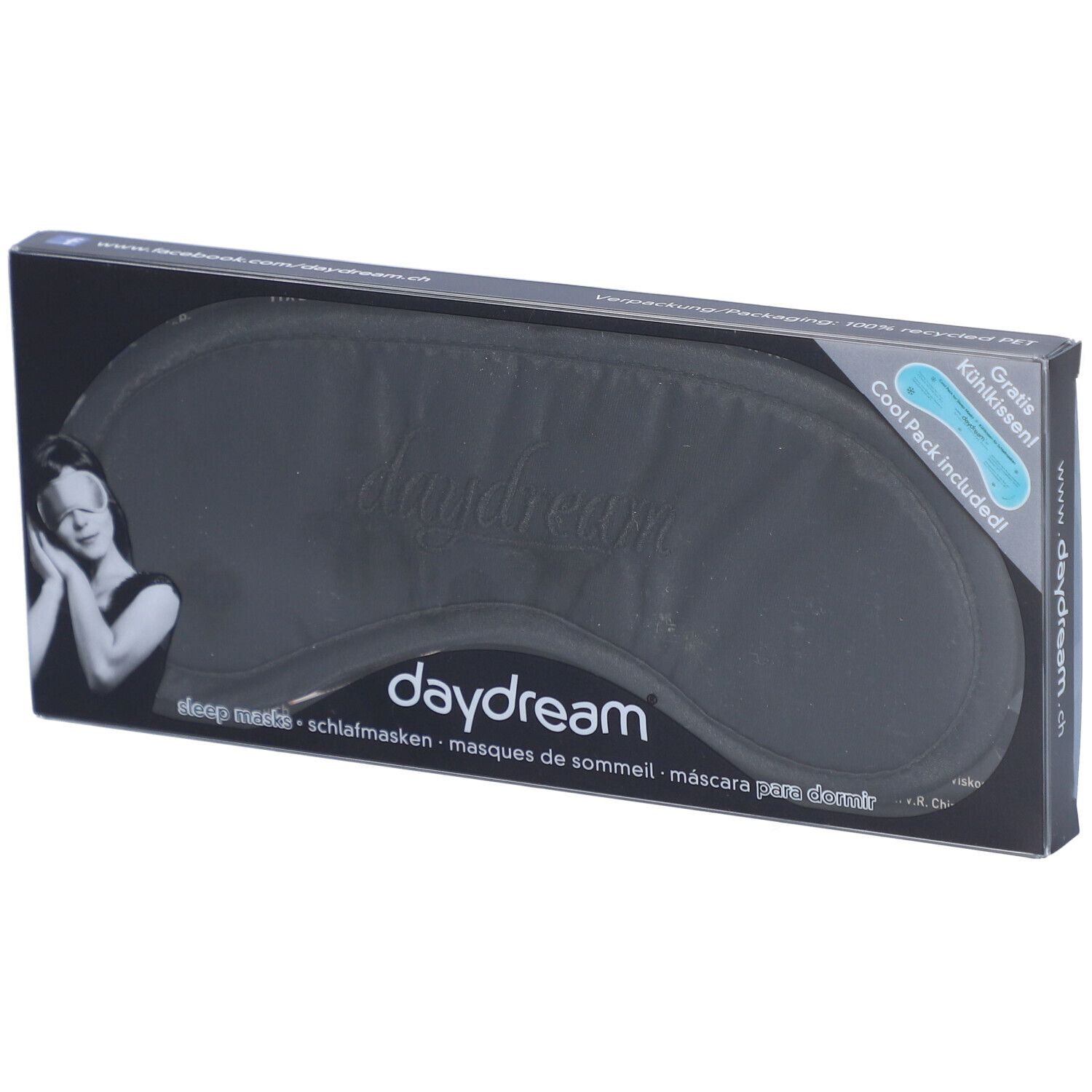Masque de sommeil daydream® avec coussin rafraîchissant, emballage noir.