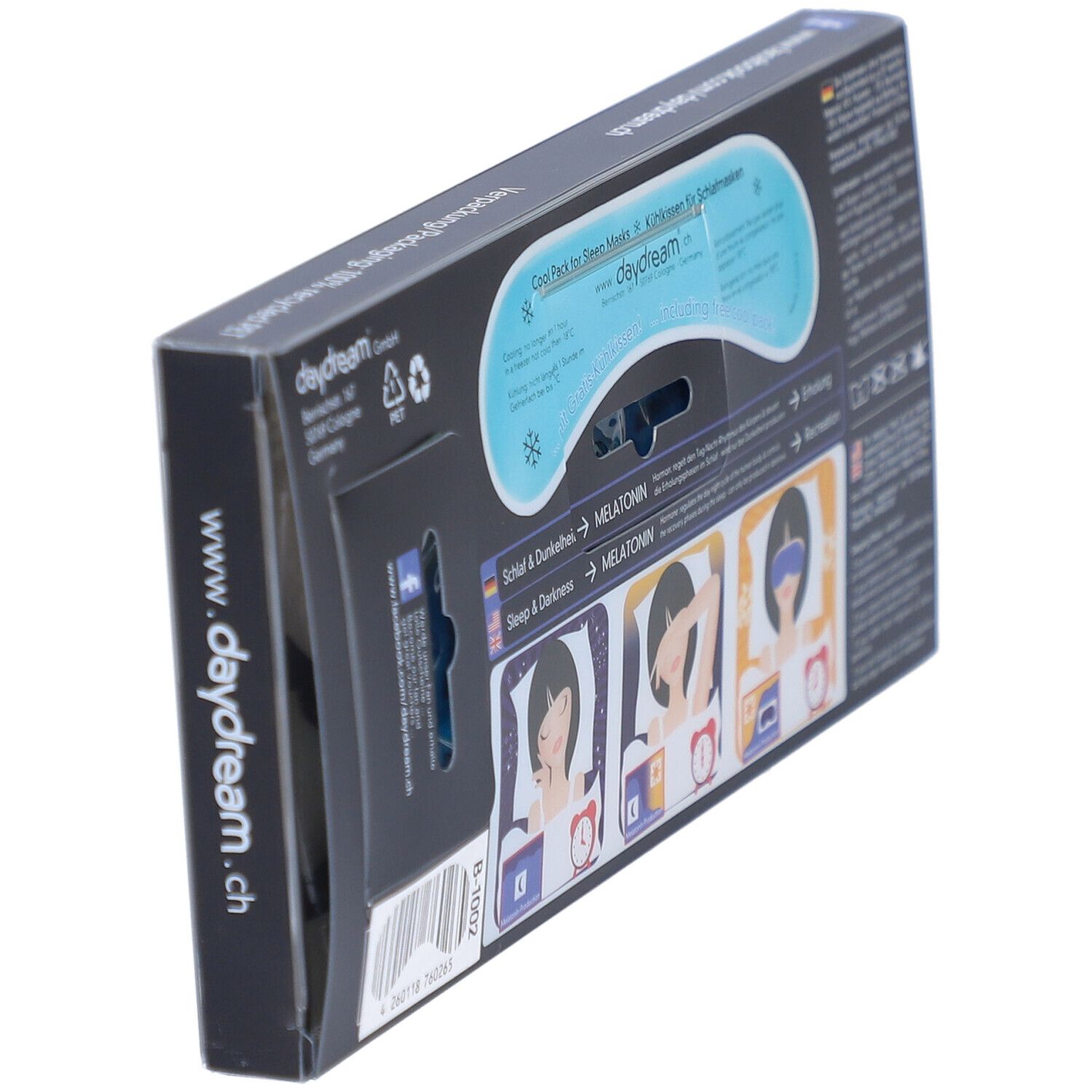 Emballage du masque de sommeil daydream® avec coussin rafraîchissant, vue arrière en biais.