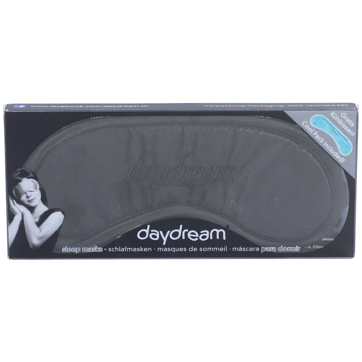 Masque de sommeil daydream® avec coussin rafraîchissant, emballage noir, vue de face.