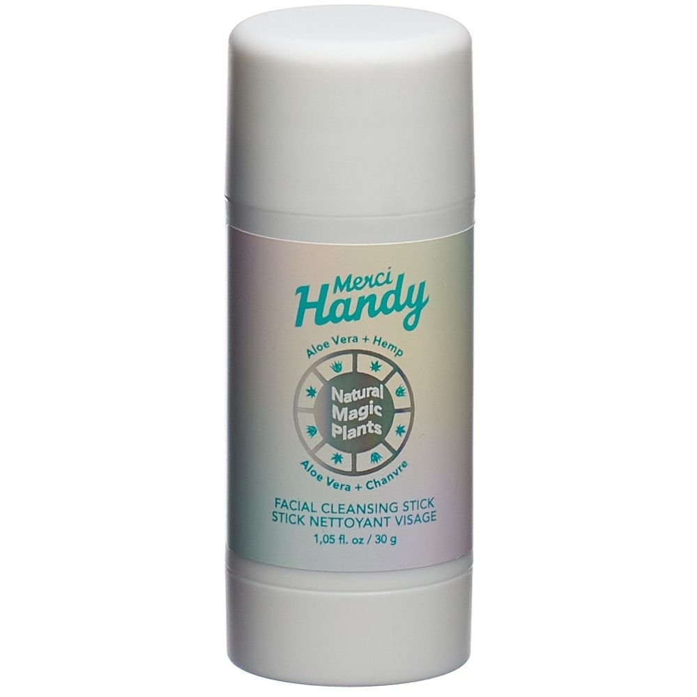 Bâton nettoyant cylindrique blanc avec impression. Inscription : Merci Handy, Aloe Vera + Hemp, Natural Magic Plants, Facial Cleansing Stick.