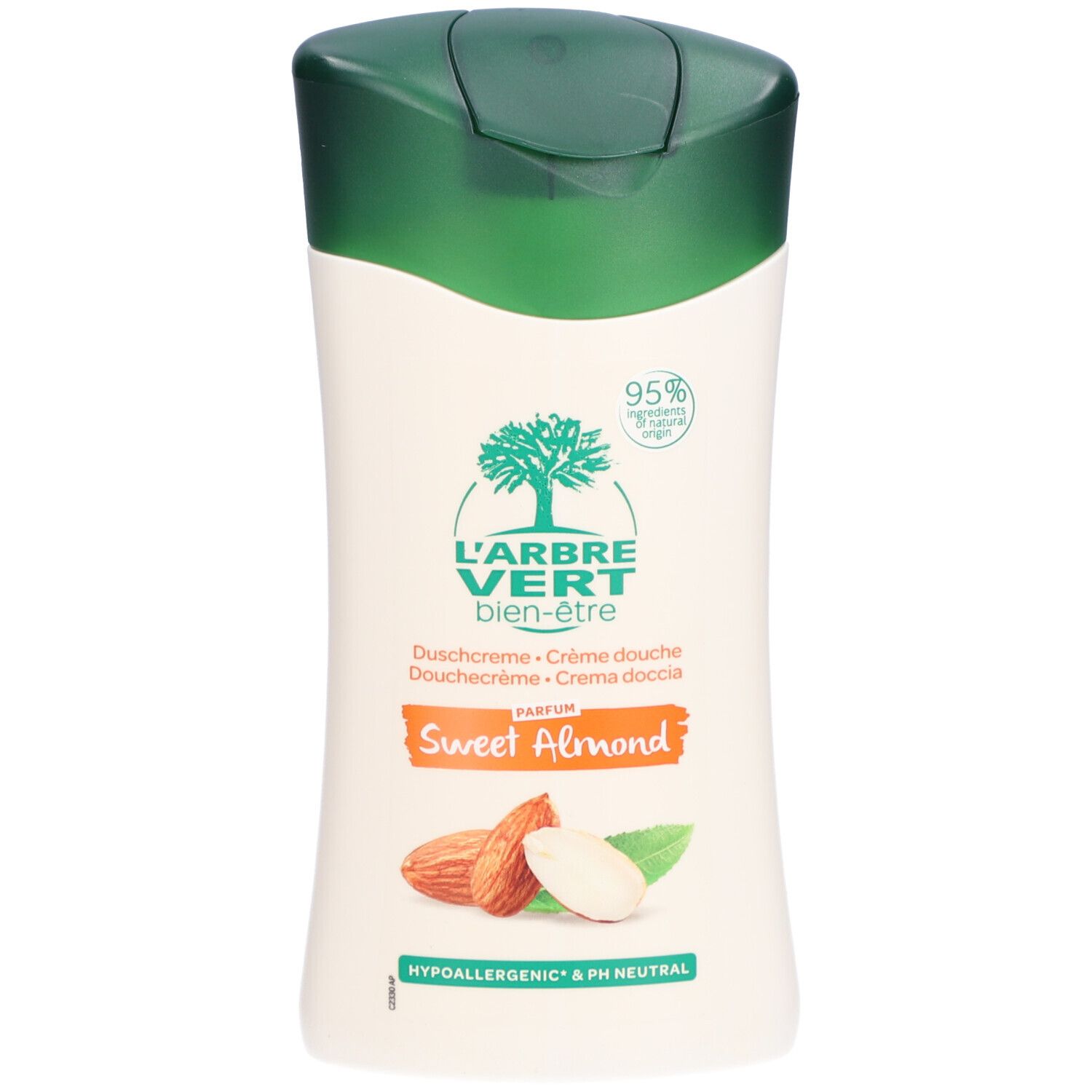Flacon beige, bouchon vert. Inscription: L'ARBRE VERT, Sweet Almond, amandes, pH neutre, 95% ingrédients d'origine naturelle.