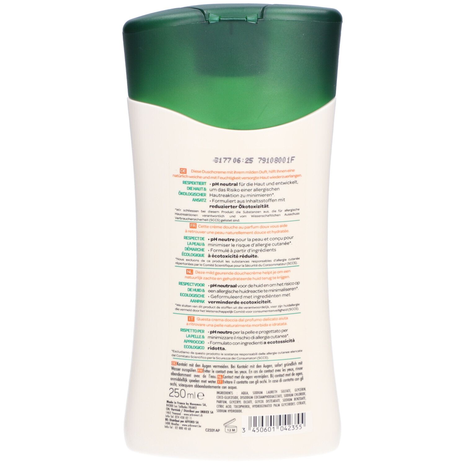 Dos du flacon. Texte multilingue. En bas: 250ml.