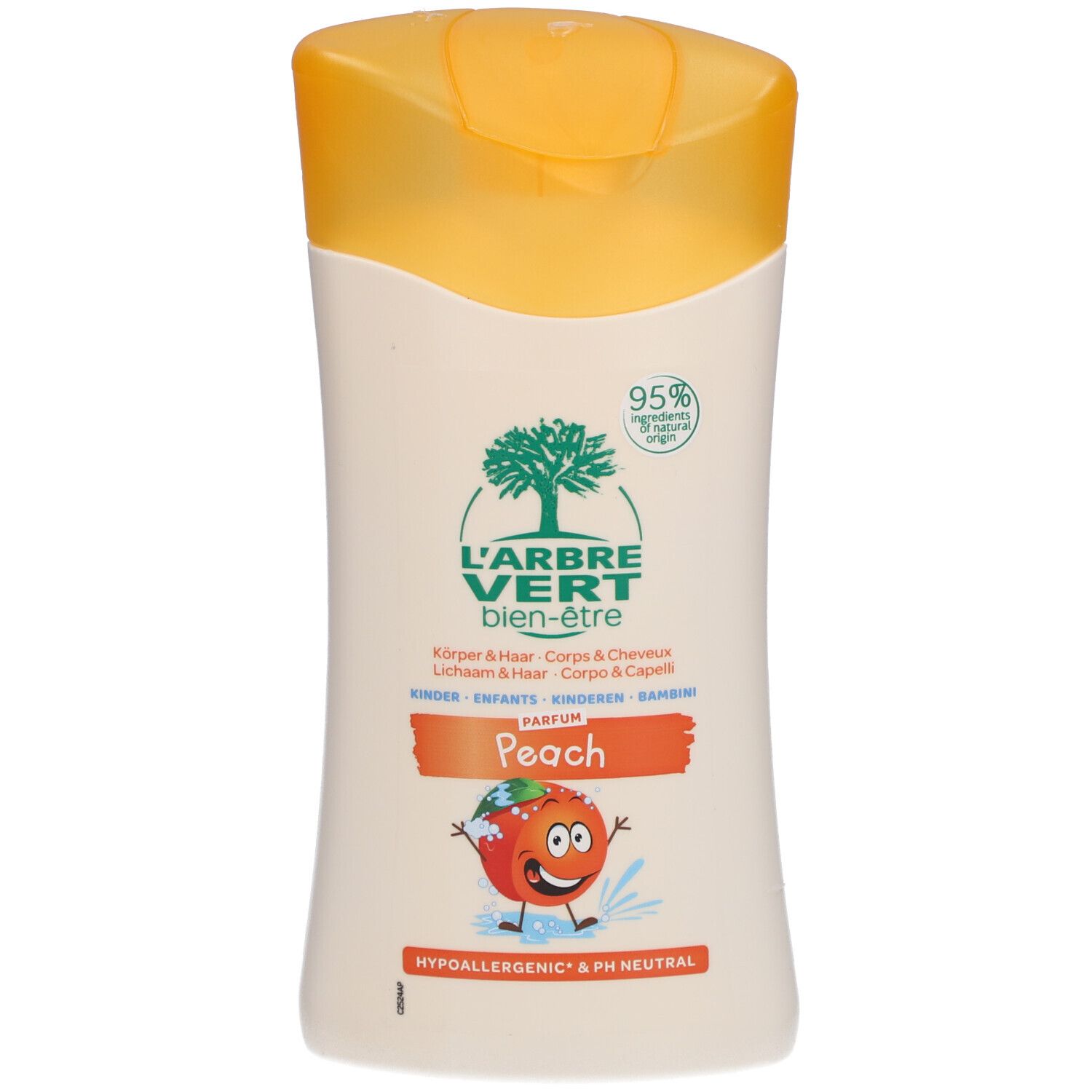 Flacon de shampooing et douche L'ARBRE VERT Öko Kinder Pfirsich. Emballage blanc et jaune, logo, texte et illustration.