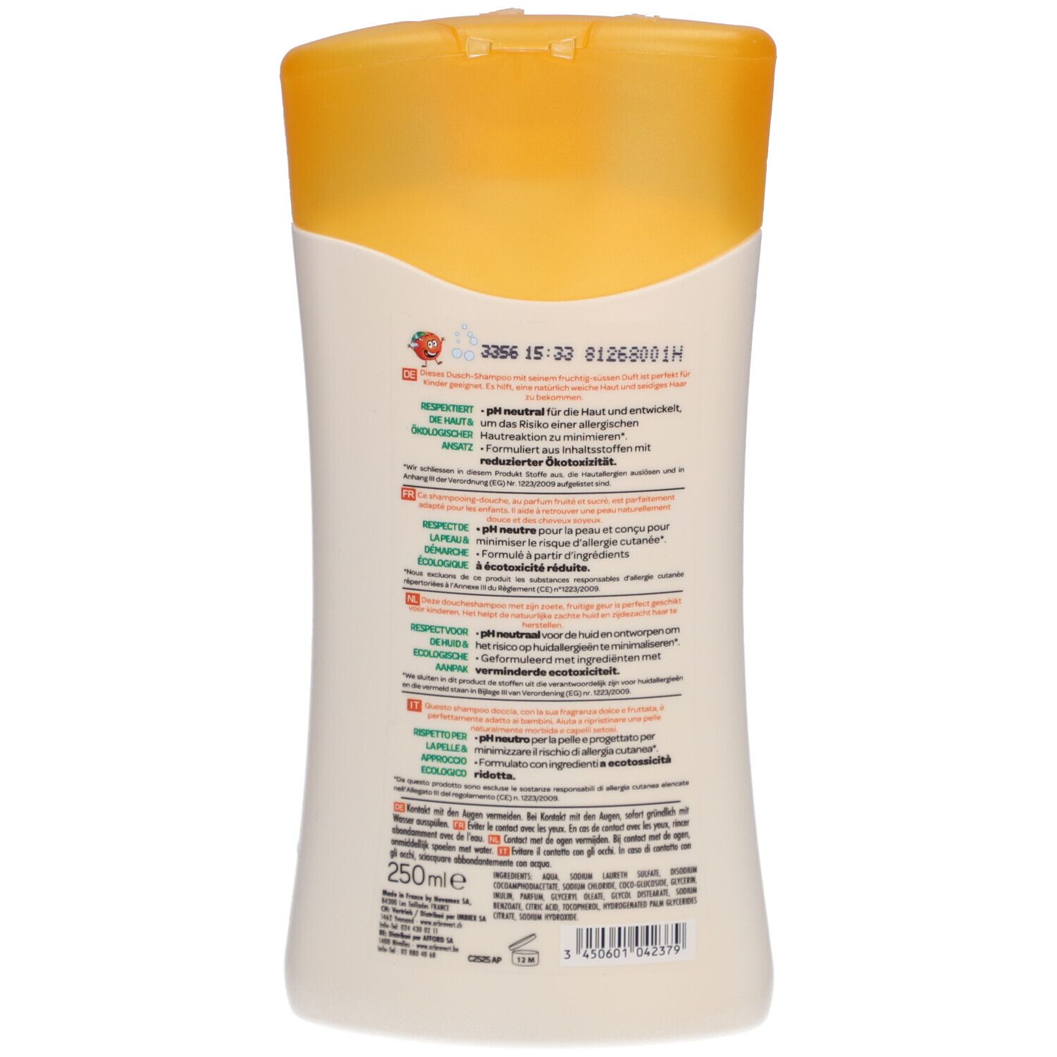 Dos du flacon L'ARBRE VERT Öko Kinder Pfirsich. Texte multilingue, pH neutre.