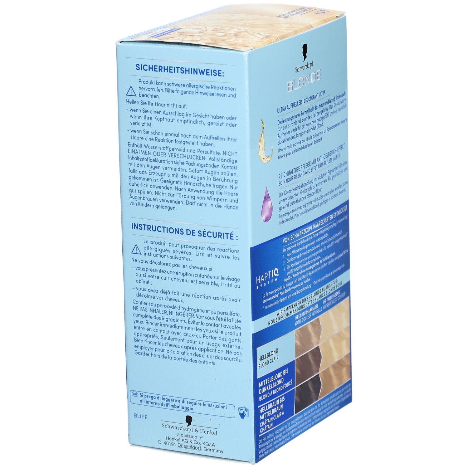 Zijkant van de haarverhelderingsverpakking. Veiligheidsinstructies en gebruiksaanwijzing. Tekst: Schwarzkopf Blonde Ultra Aufheller.