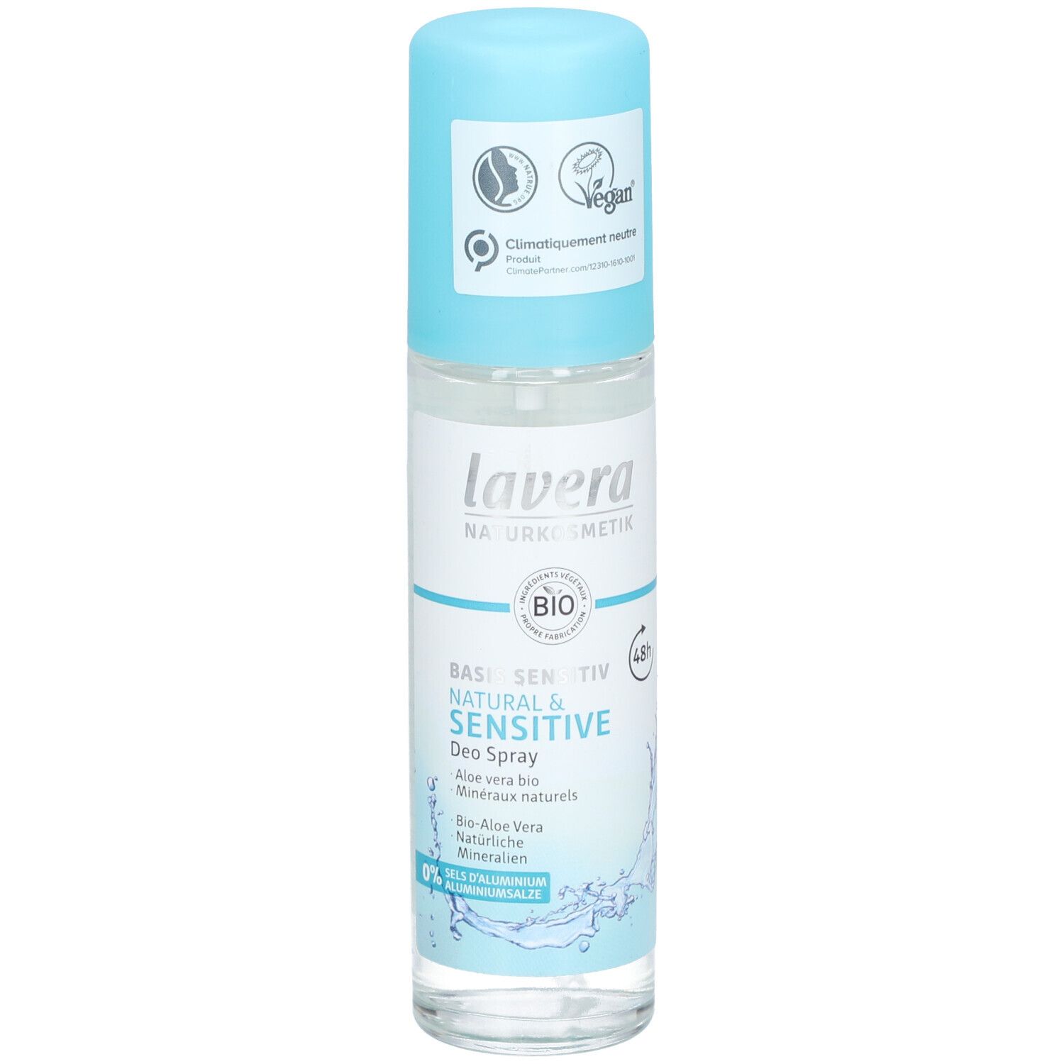 Deospray met blauwe dop. Opschrift: lavera, Natural & Sensitive, Bio Aloe Vera. Vegan-keurmerk.