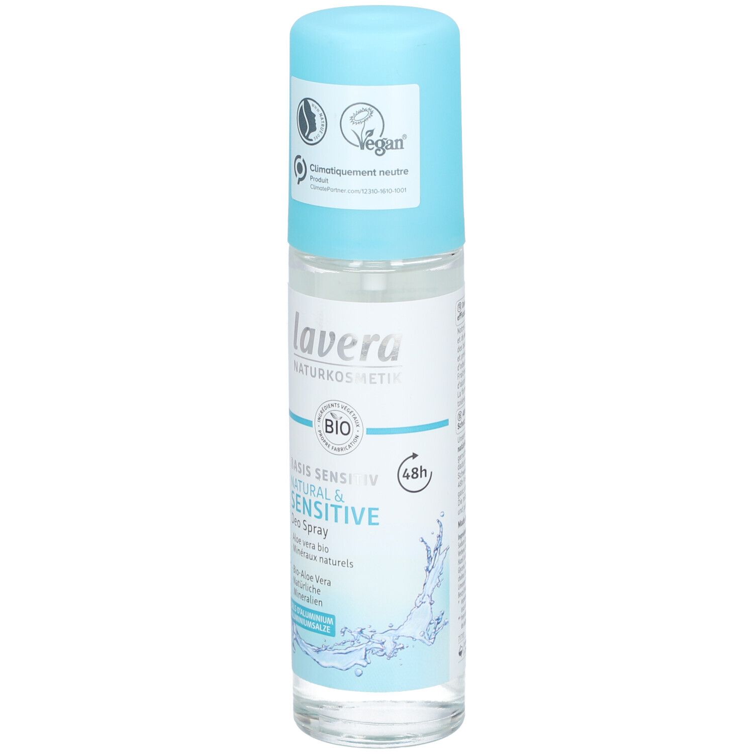 Deospray met blauwe dop. Opschrift: lavera, Natural & Sensitive, Bio Aloe Vera. Vegan-keurmerk.