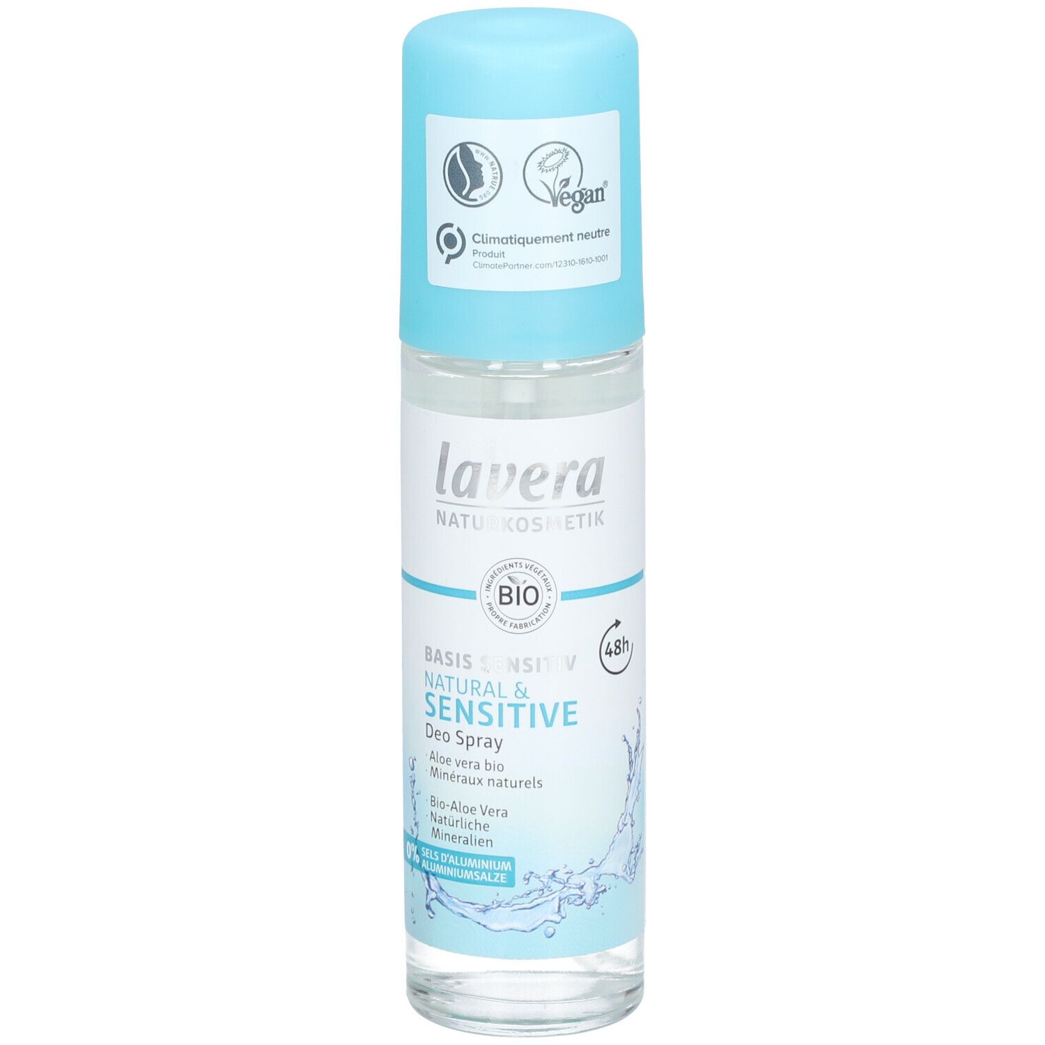 Deospray met blauwe dop. Opschrift: lavera, Natural & Sensitive, Bio Aloe Vera. Vegan-keurmerk.