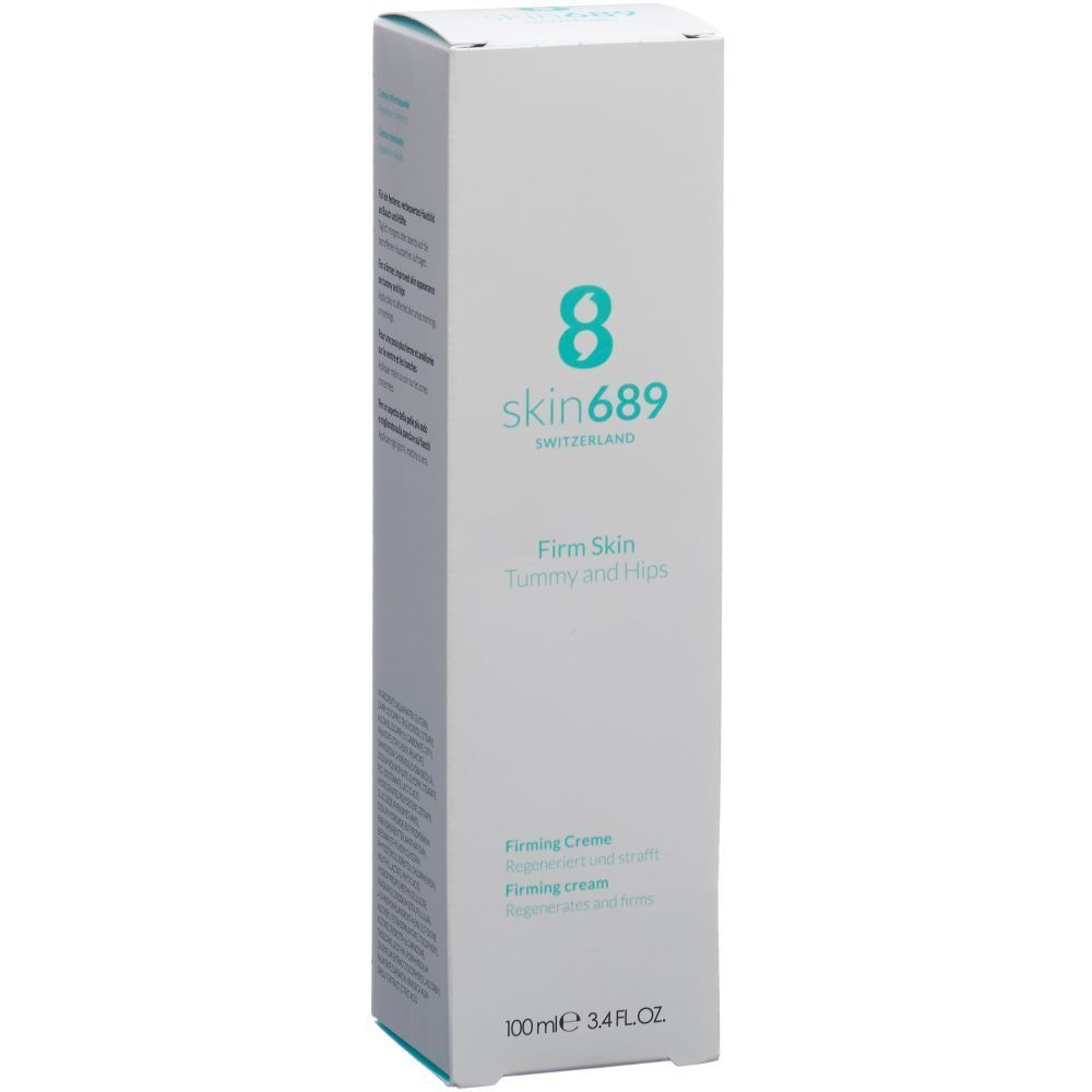 Emballage blanc avec impression du produit. Inscription : skin689, Firm Skin Tummy and Hips. 100ml.