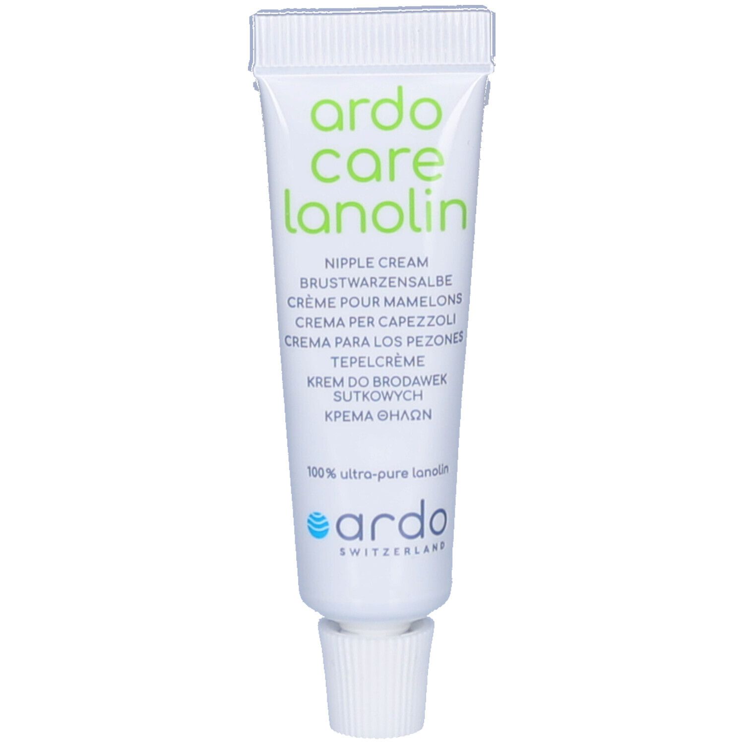 Witte tube met groene opdruk. Bevat tepelcrème. Merk: Ardo Care Lanolin. Met schroefdop.