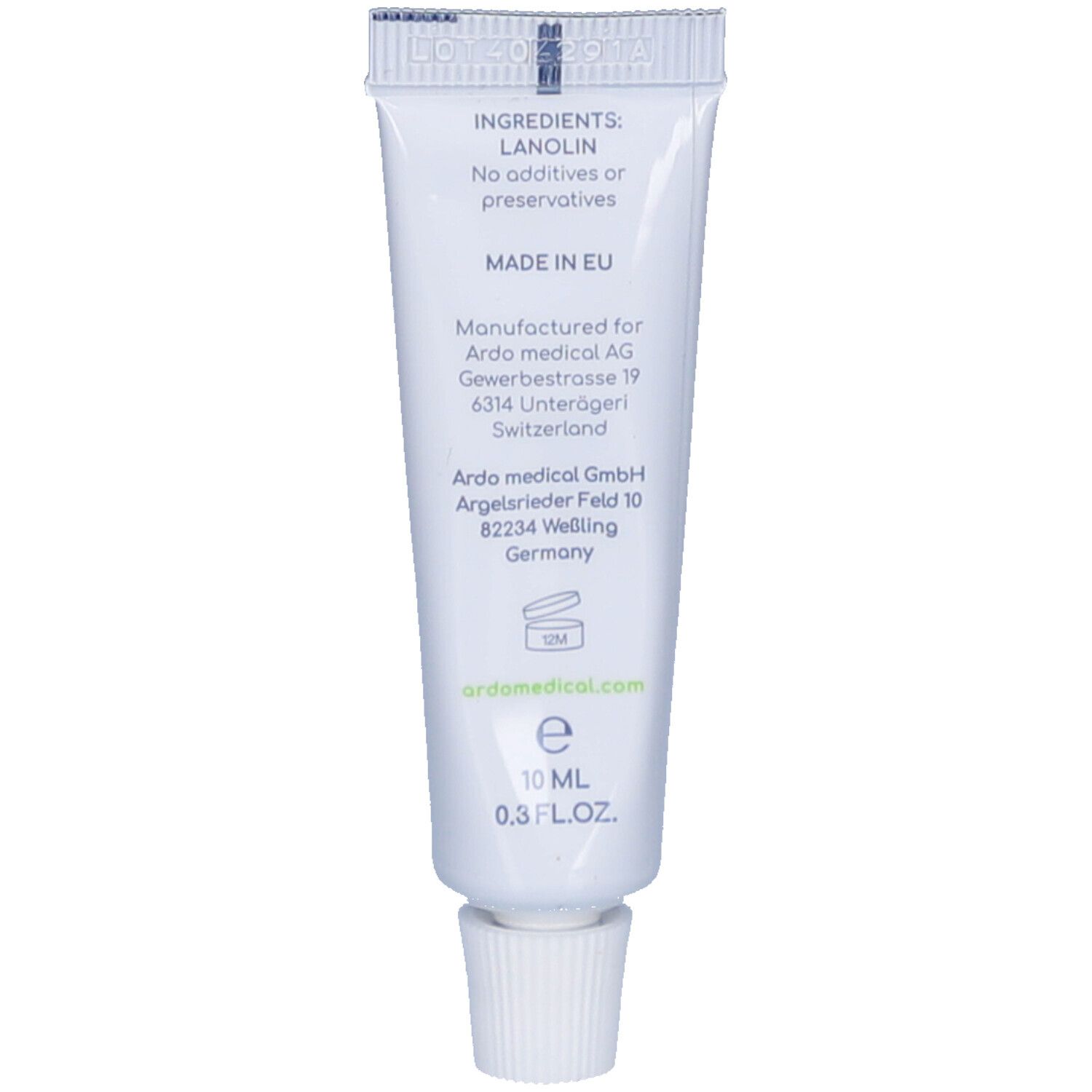 Achterkant van de tube. Bevat informatie over ingrediënten, fabrikant en herkomst. 10 ml.