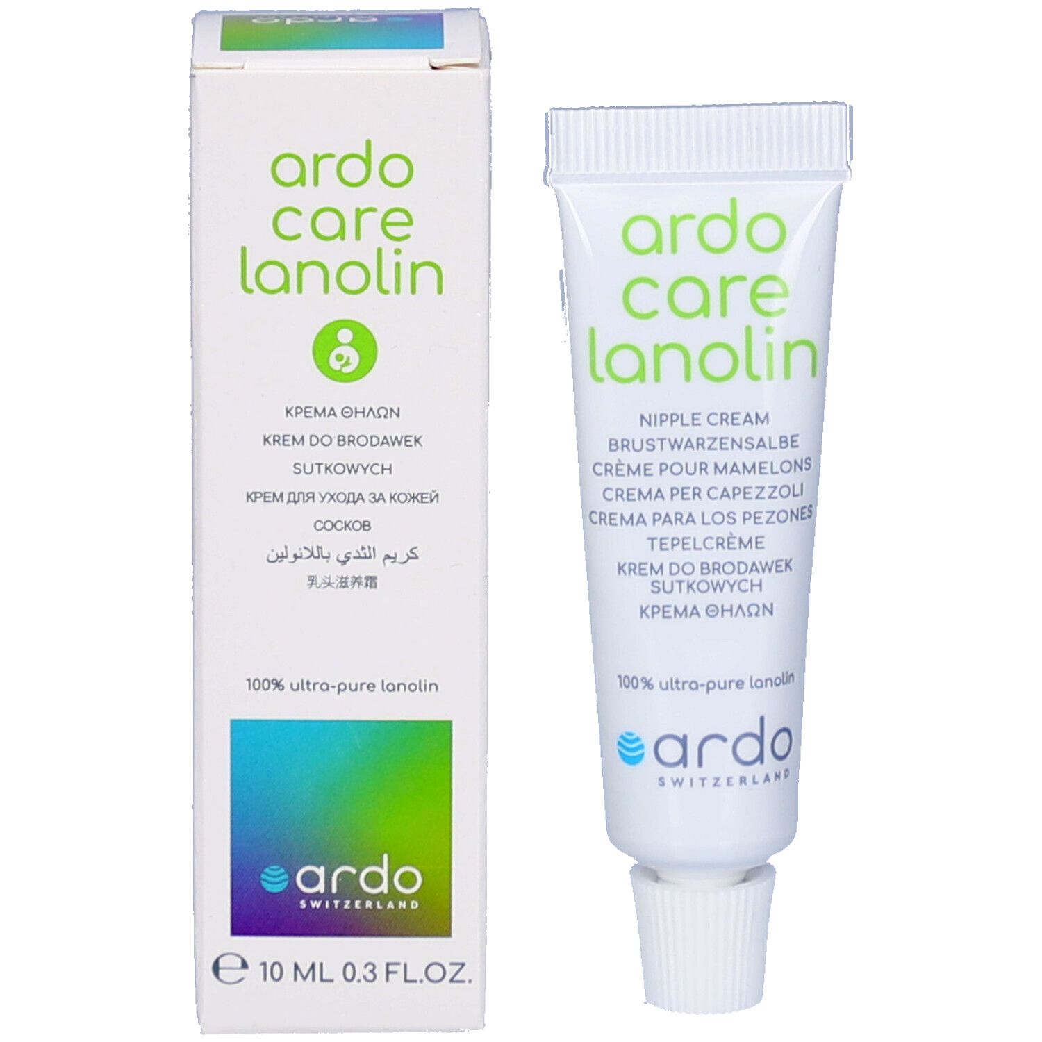 Productverpakking en tube. Verpakking: wit met groene opdruk. Tube: wit met groene opdruk. Merk: Ardo Care Lanolin.