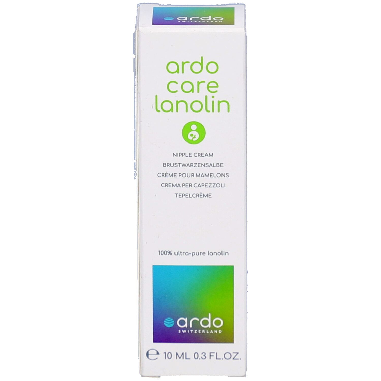Productverpakking. Wit met groene opdruk. Merk: Ardo Care Lanolin. Bevat informatie over gebruik en ingrediënten.
