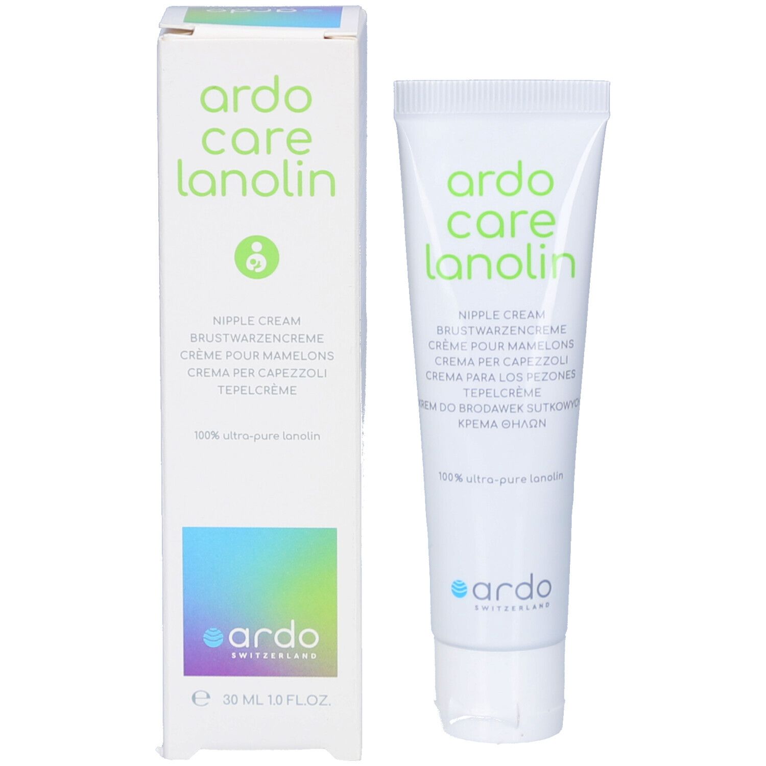 Product en verpakking. Witte tube en doos met groene tekst. Merk: Ardo Care Lanolin. Meertalige tekst.