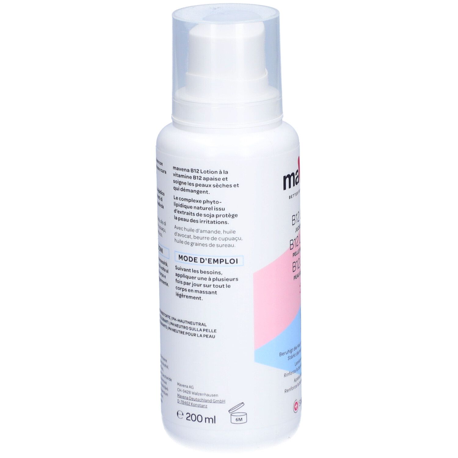 Flacon blanc avec pompe. Dos avec texte. Accents roses et bleus. 200 ml.