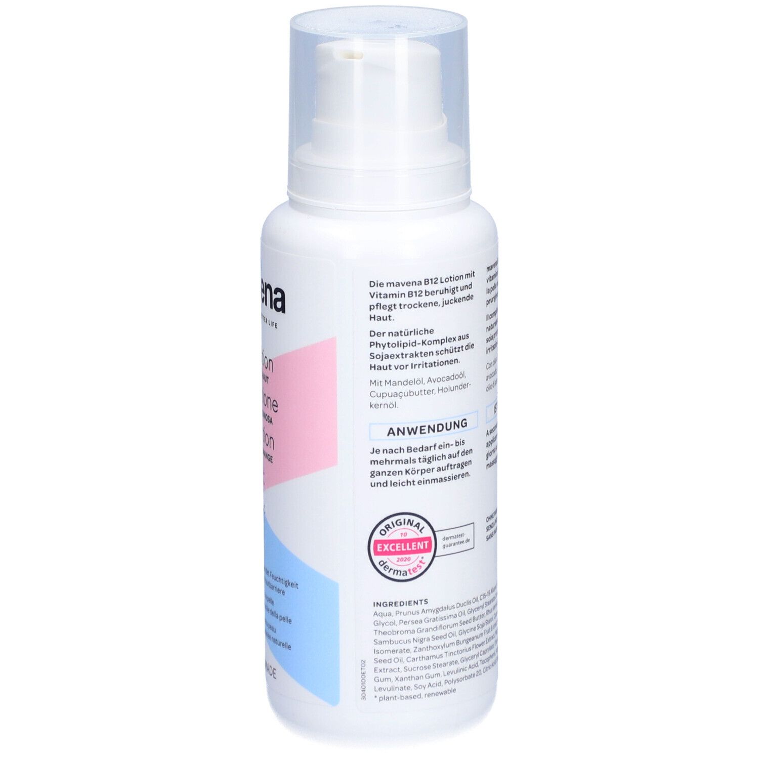 Flacon blanc avec pompe. Dos avec texte. Accents roses et bleus. 200 ml. Sceau Dermalife.