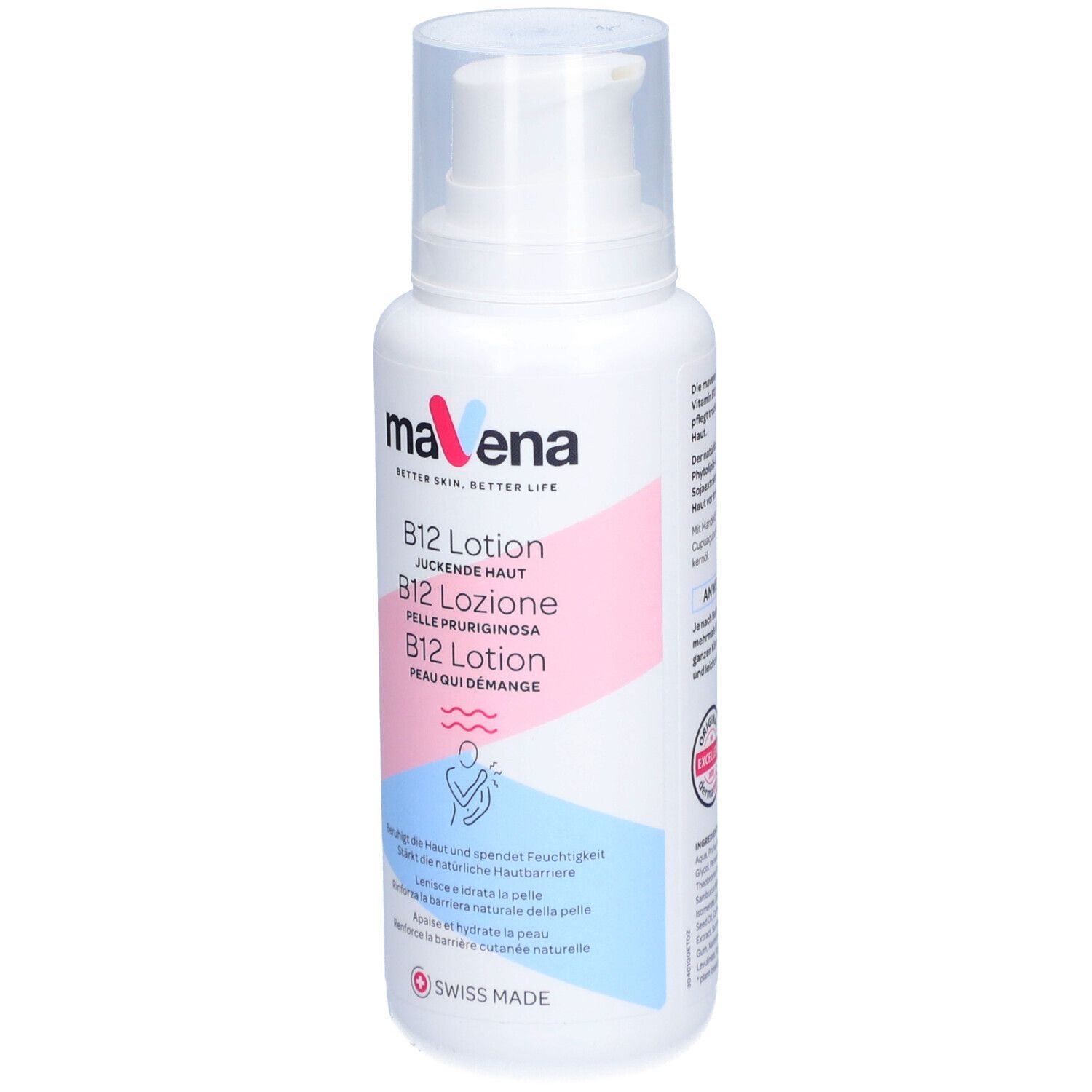 Flacon blanc avec pompe. Inscription: MAVENA B12 Lotion. Accents roses et bleus. Swiss Made.