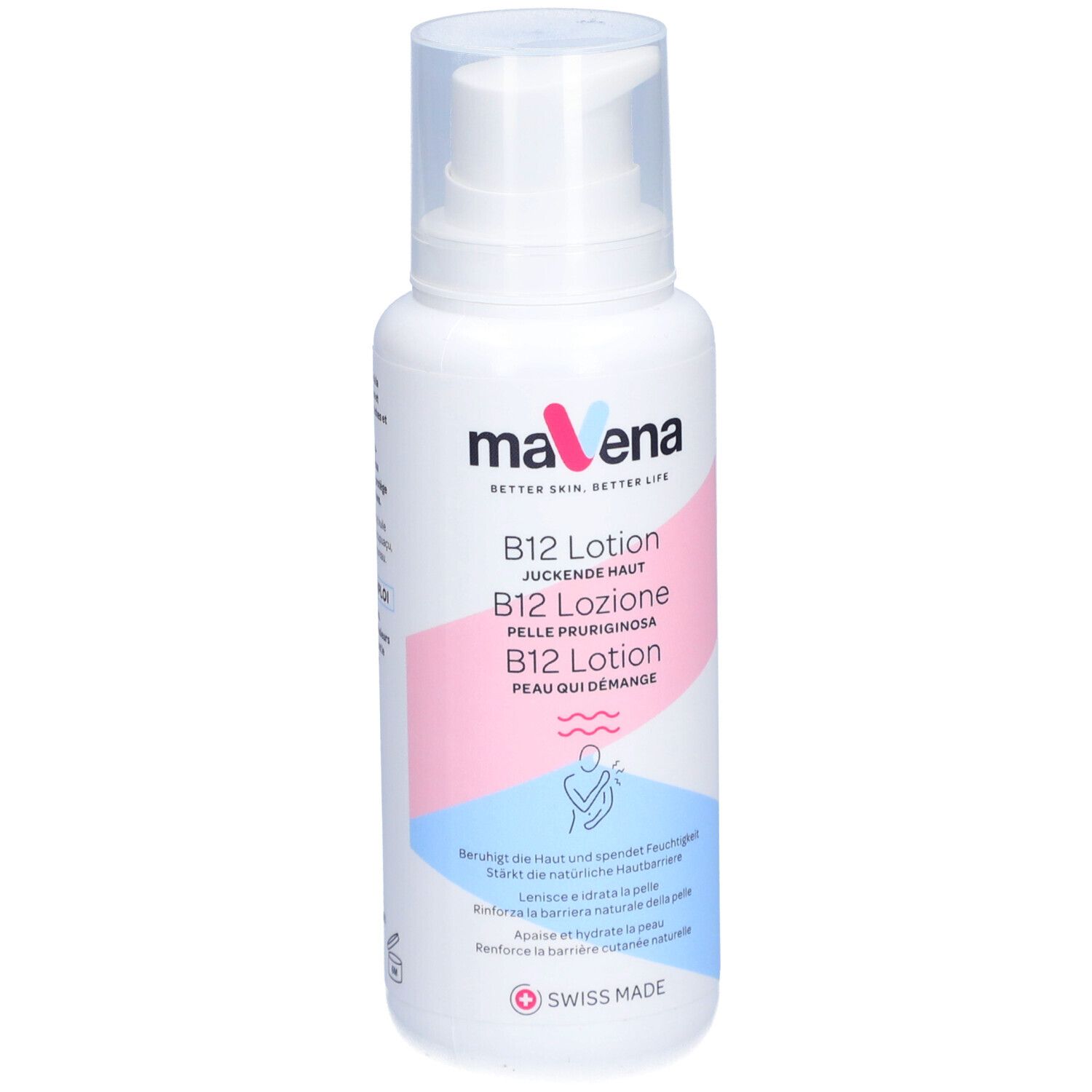 Flacon blanc avec pompe. Inscription: MAVENA B12 Lotion. Accents roses et bleus. Swiss Made.
