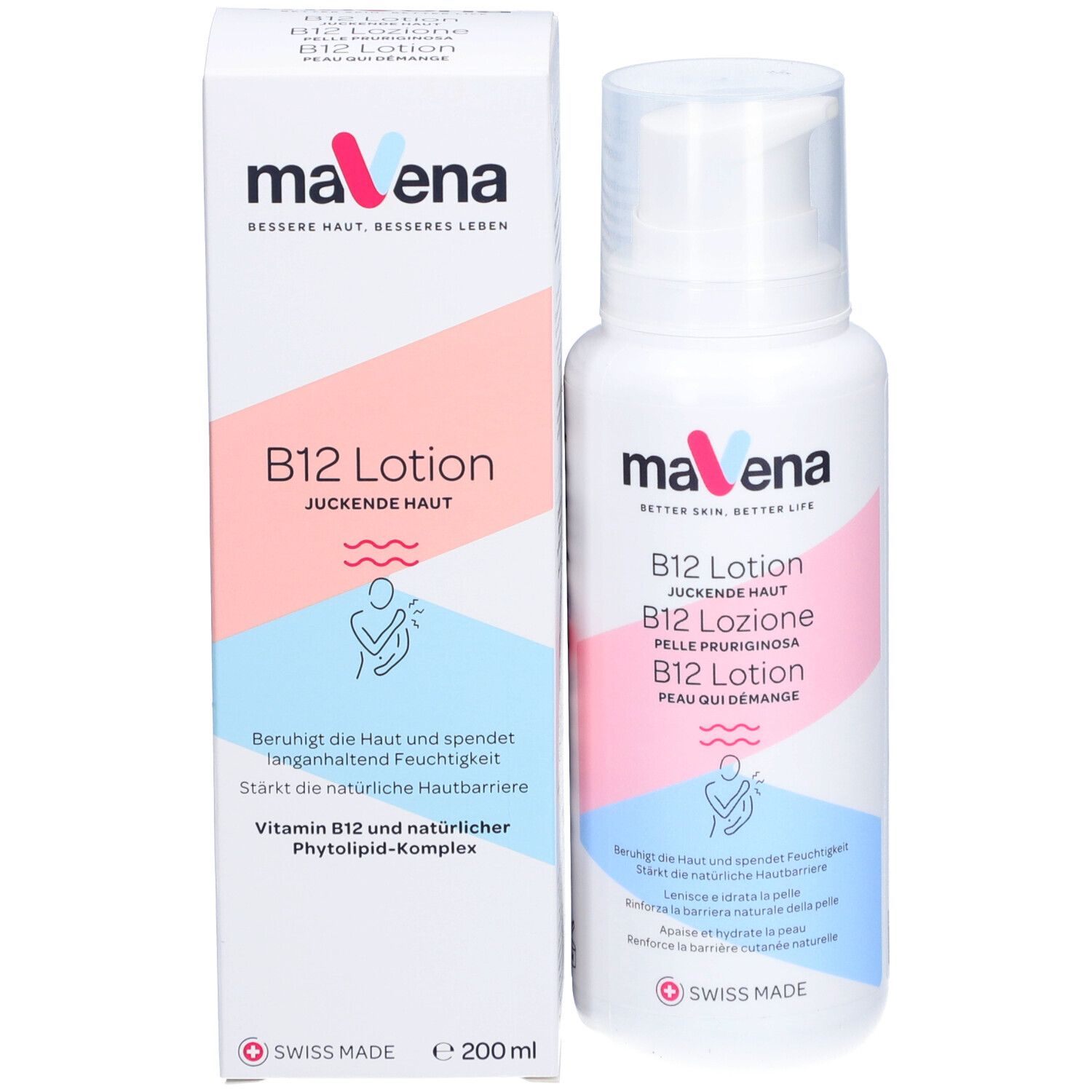 Flacon MAVENA B12 Lotion à côté de l'emballage. Accents roses et bleus. 200 ml. Swiss Made.