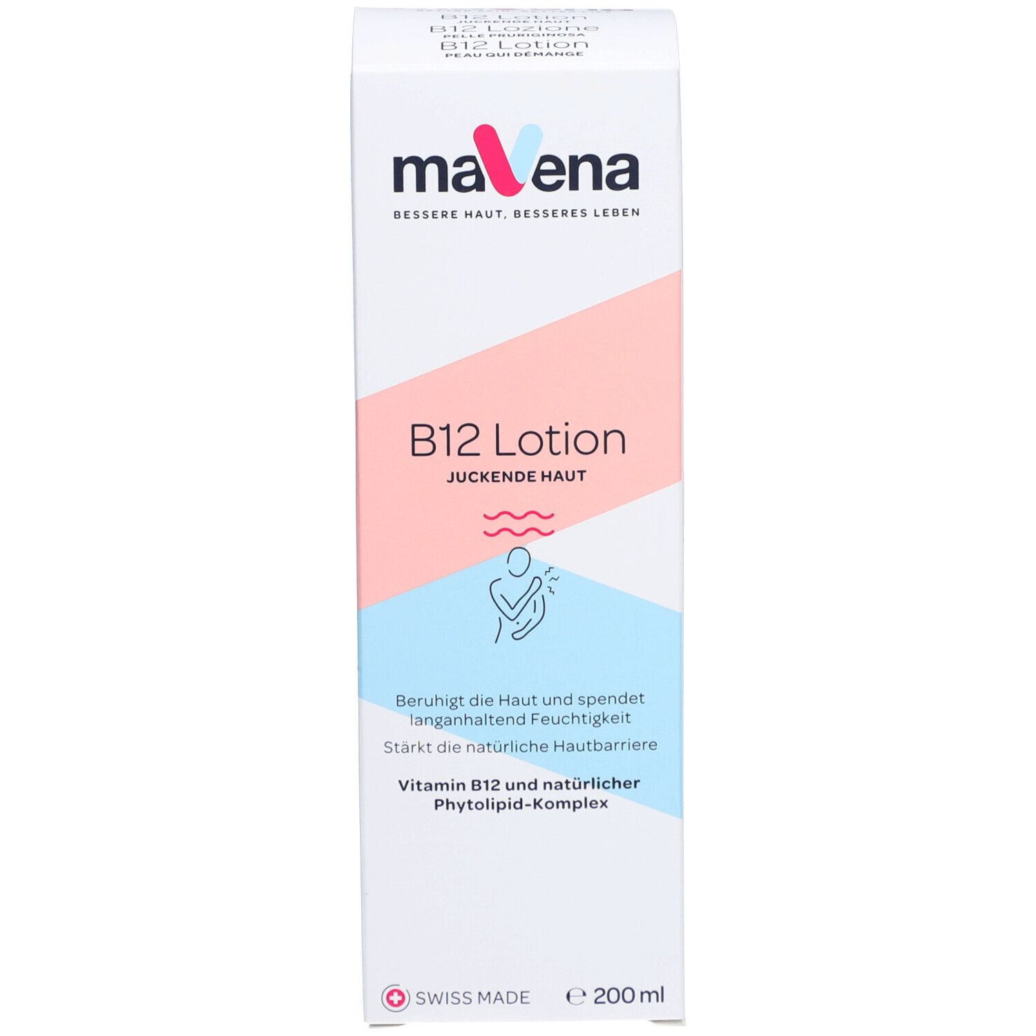 Emballage de MAVENA B12 Lotion. Accents roses et bleus. 200 ml. Swiss Made.