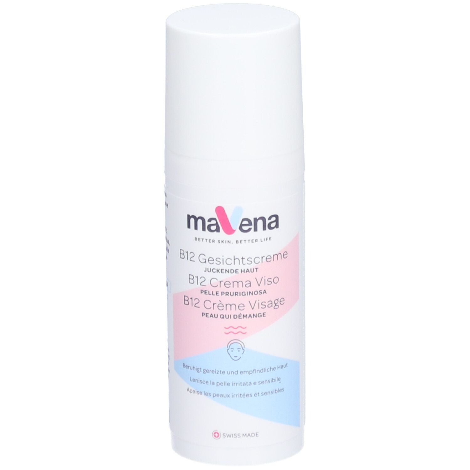 Witte fles "mavena B12 Crème Visage". Tekst in het Duits, Italiaans en Frans. Zwitserse vlag.