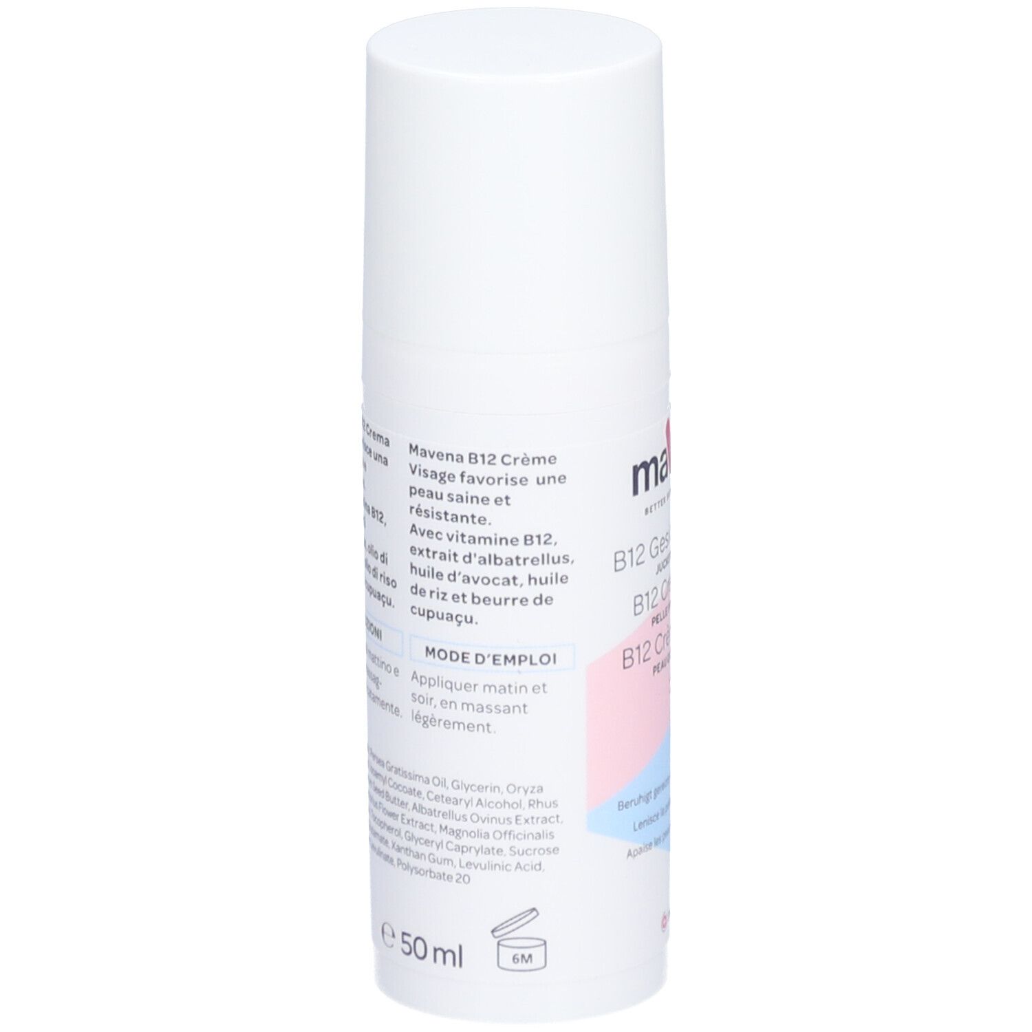 Witte fles "mavena B12 Crème Visage". Tekst in het Duits, Italiaans en Frans. Ingrediënten en gebruik.