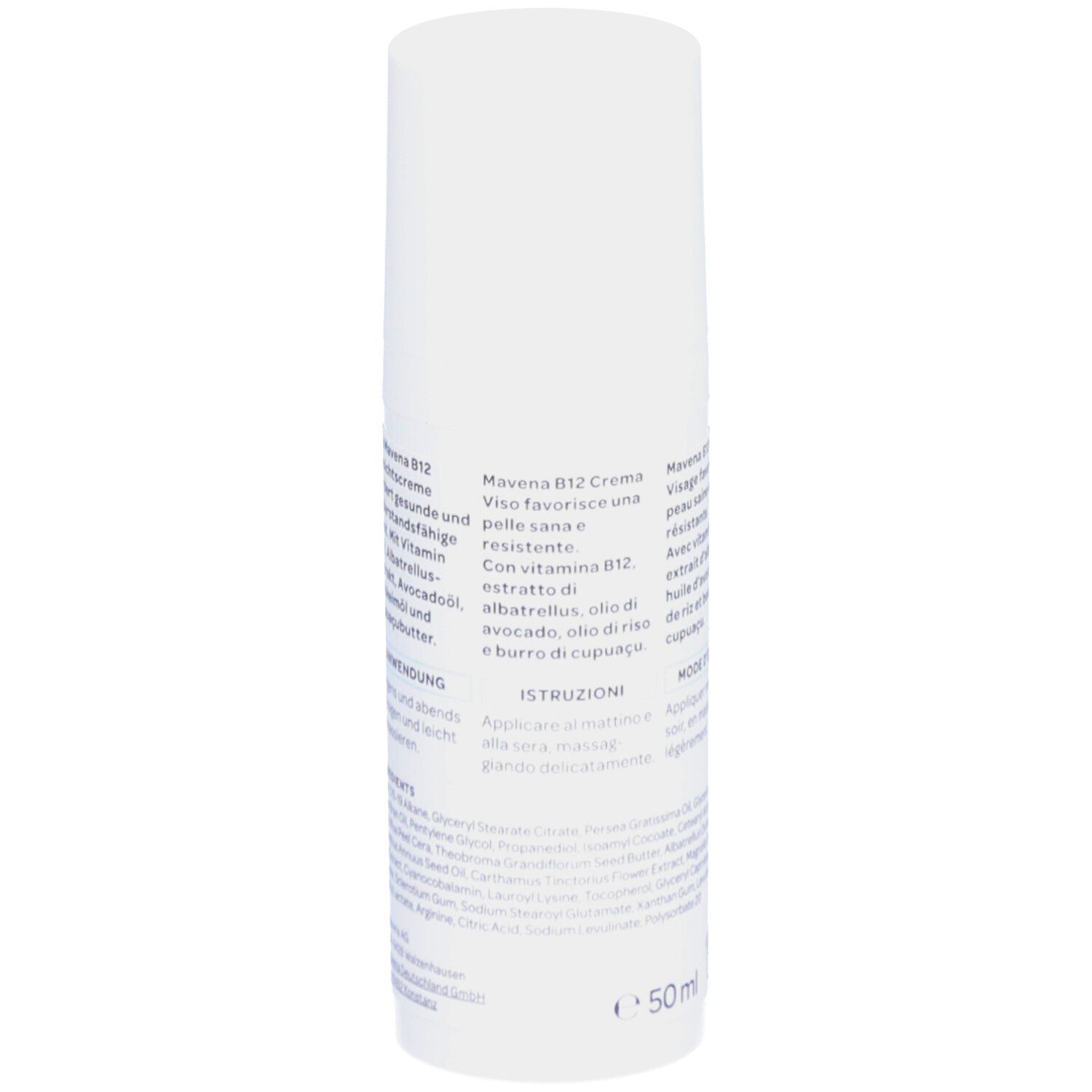 Witte fles "mavena B12 Crème Visage". Tekst in het Duits, Italiaans en Frans. Ingrediënten en gebruik.