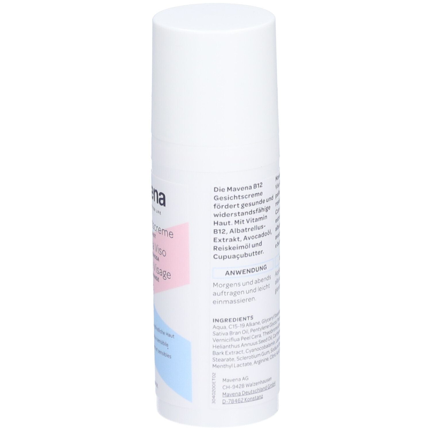 Witte fles "mavena B12 Crème Visage". Tekst in het Duits, Italiaans en Frans. Ingrediënten en gebruik.