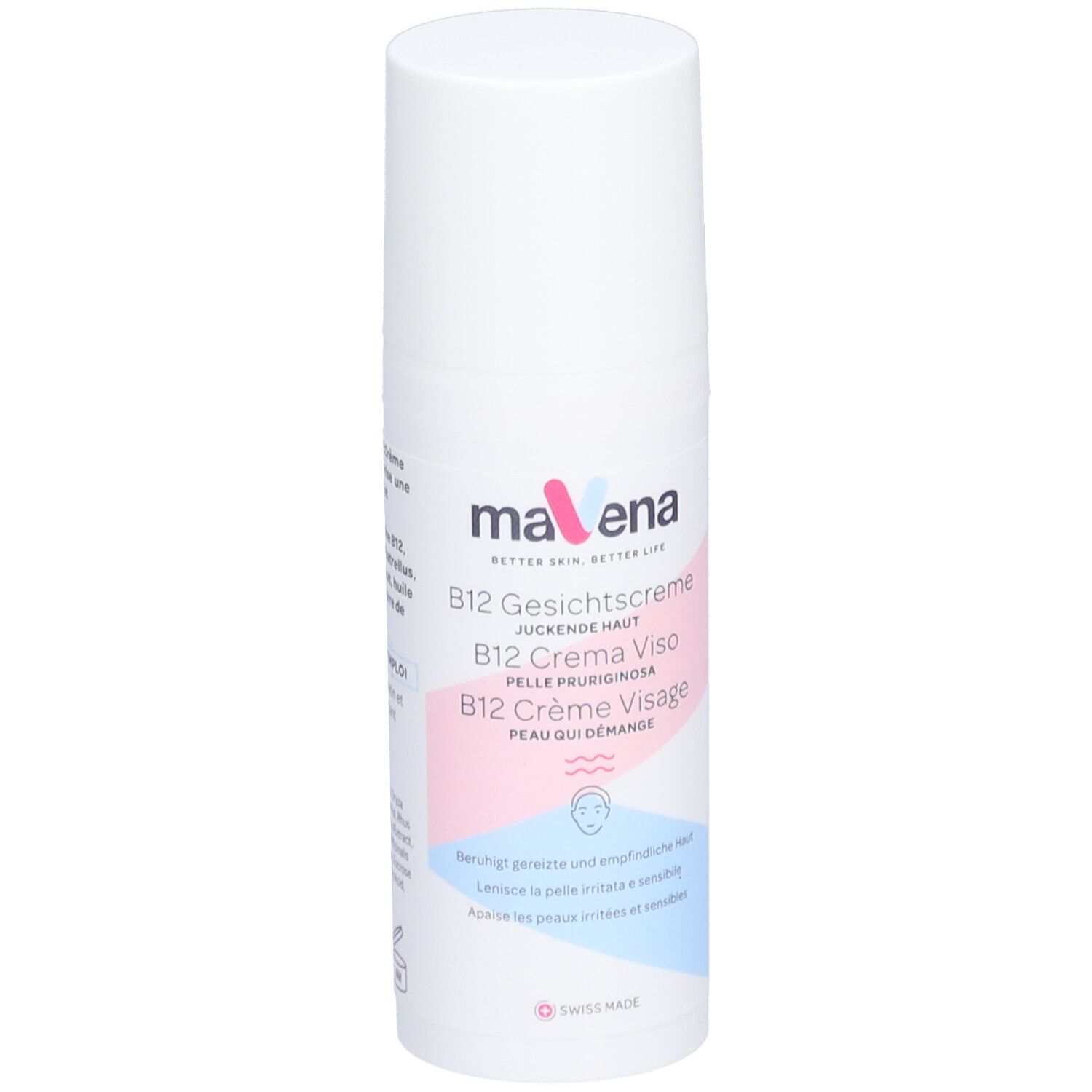 Witte fles "mavena B12 Crème Visage". Tekst in het Duits, Italiaans en Frans. Zwitserse vlag.